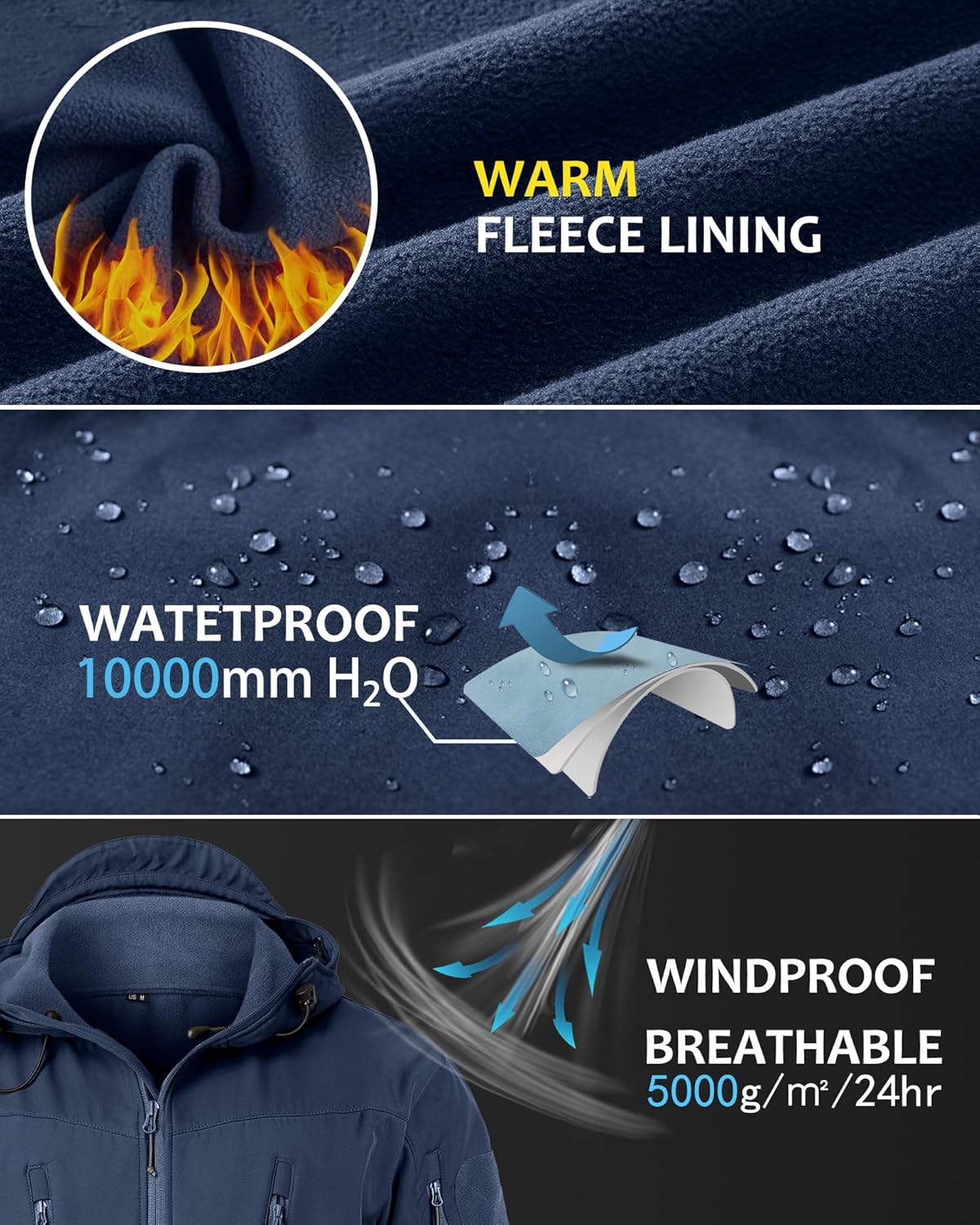 NAVEKULL Men's Tactical Jacket Waterproof Softshell Fleece Lined Hooded Coats Outdoor Hiking Windbreaker - Image 4