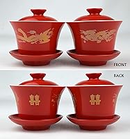 Vista 2 de Gaiwan - Juego de 2 tazas de porcelana de 8 onzas, diseño de dragón chino y fénix