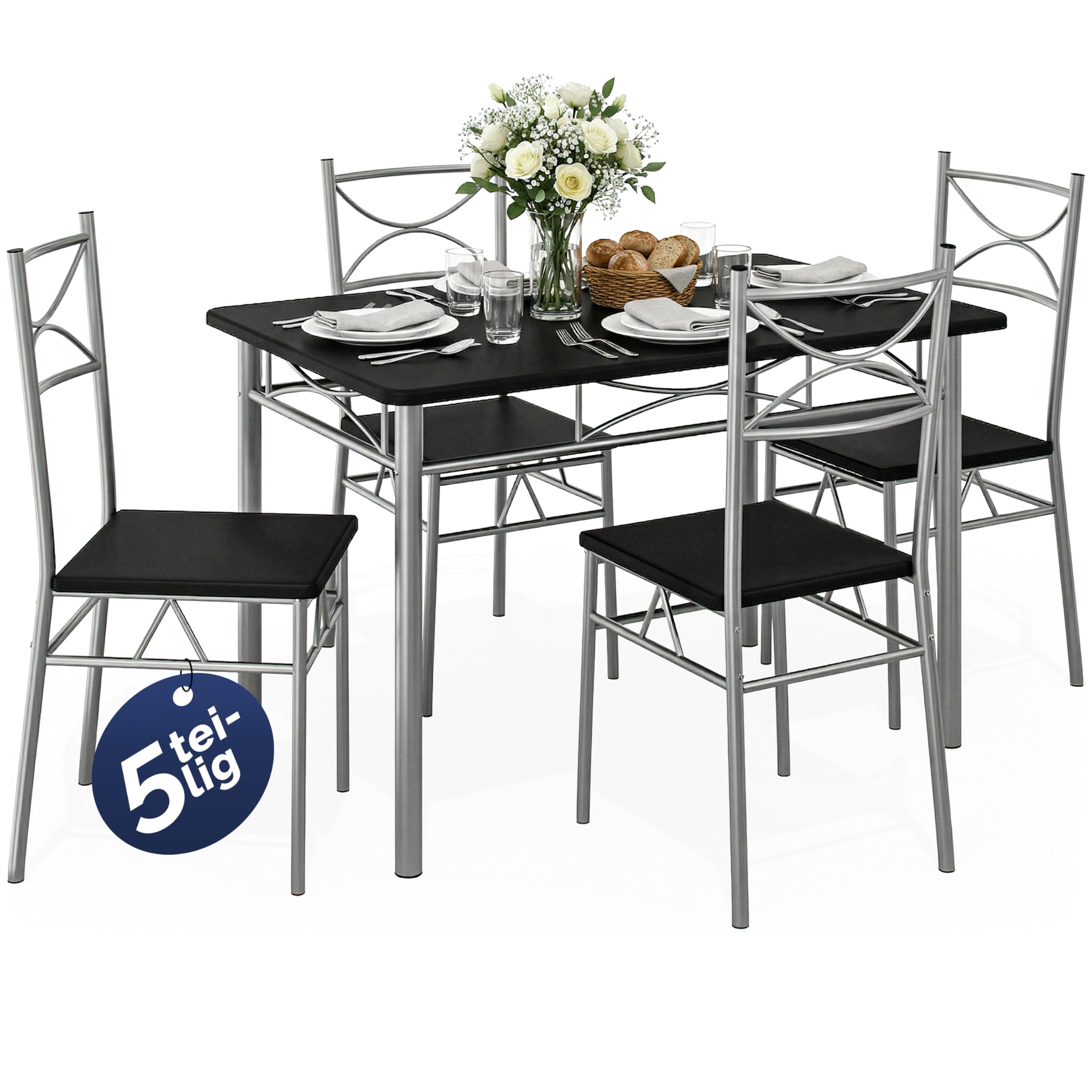 Casaria® Ensemble Table à Manger avec 4 chaises Noir Ensemble de Meubles 5 pièces pour Salle à Manger Cuisine en métal laqué MDF