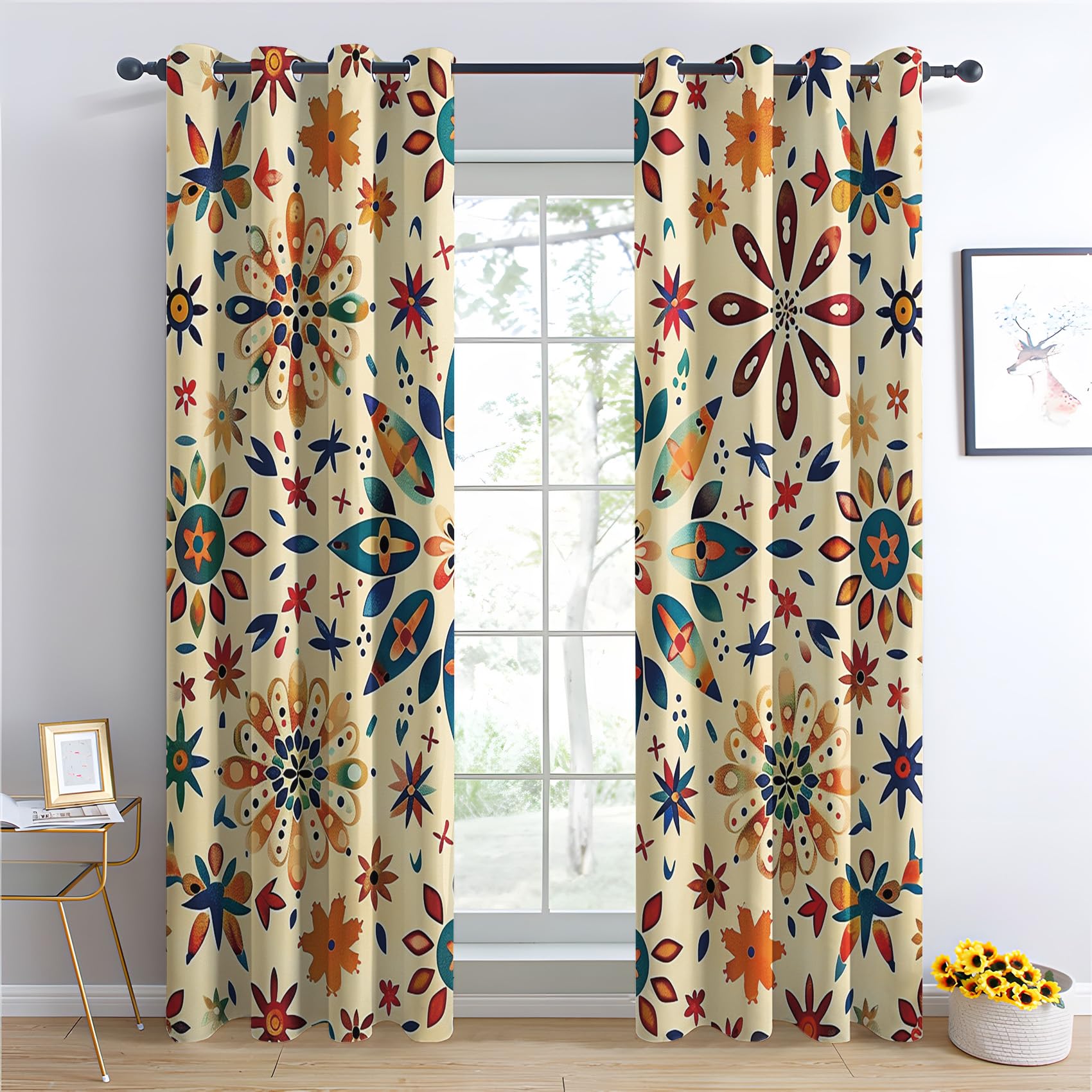 Rideau Occultant Floral Boho, Rideaux Motif Fleurs Bohème Chic, Rideau Thermique Isolant Draperies Intérieurs à Oeillets pour Chambre Salon Fenetre, Lot de 2, 140x180 cm