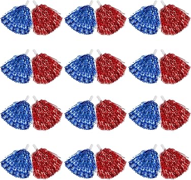 DILIBRA 24 Pcs Metallic Cheerleading Pom Poms with Baton Handle Blue+Red | Cheerleaders Cheer Pom Poms with Baton Handle, Cheering Squad Hand Flower for Adults Kids Team Spirit Sports Dancing Party