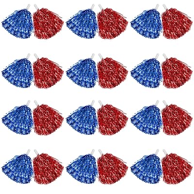 DILIBRA 24 Pcs Metallic Cheerleading Pom Poms with Baton Handle (Blue+Red)