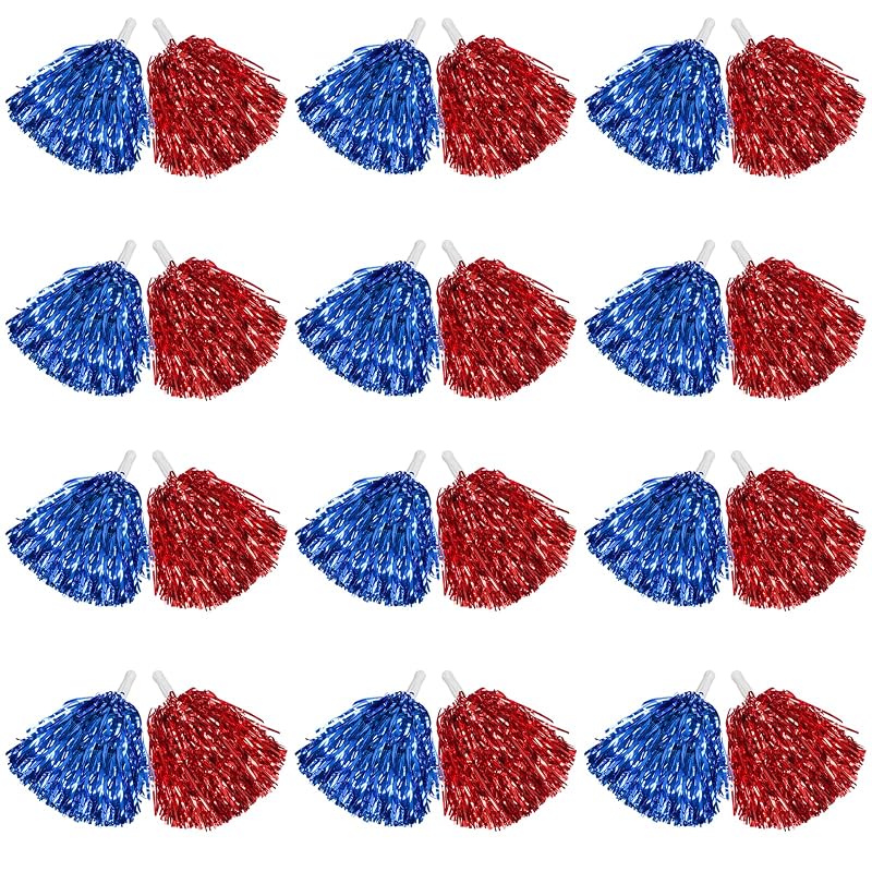 DILIBRA 24 Pcs Metallic Cheerleading Pom Poms with Baton Handle (Blue+Red)