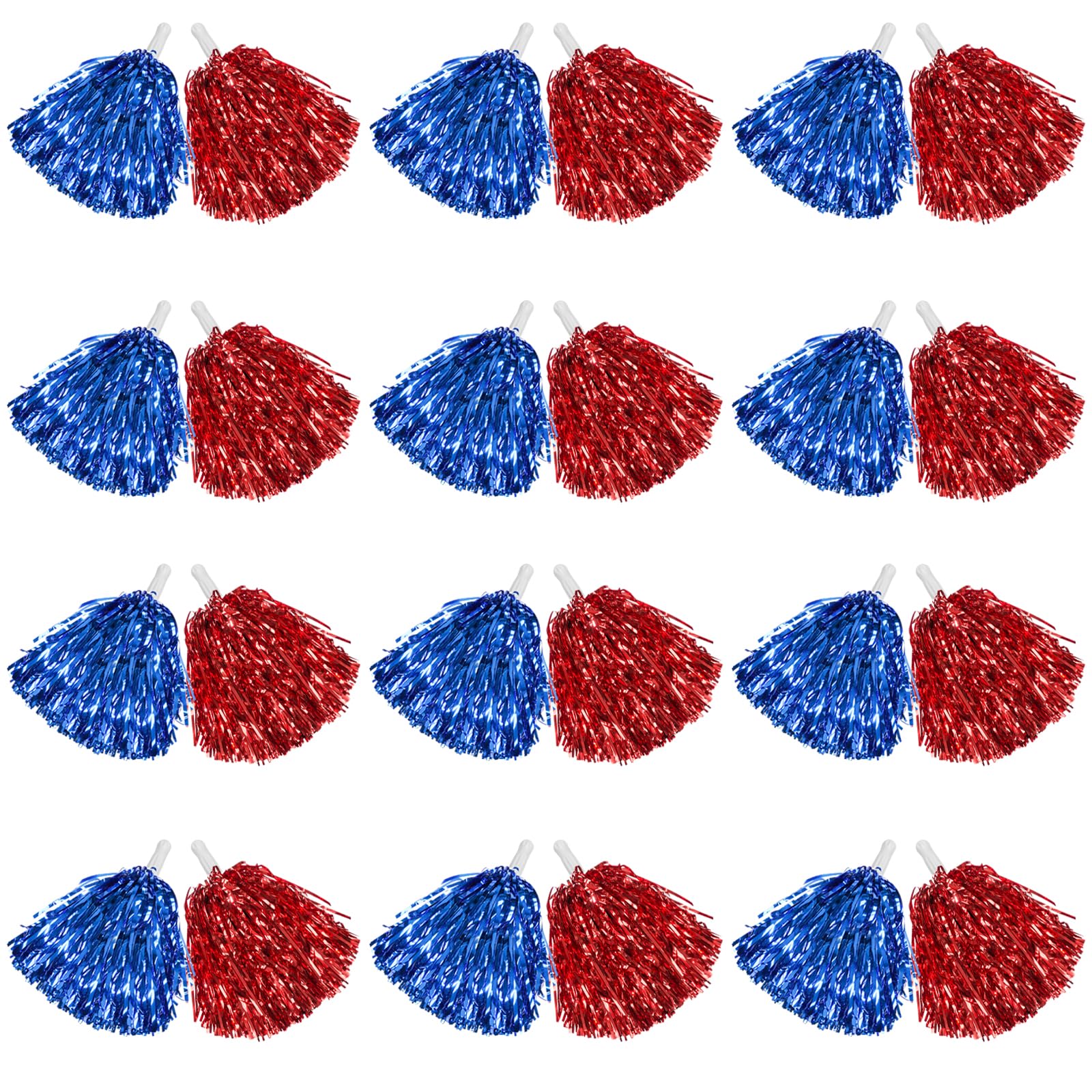 DILIBRA 24 Pcs Metallic Cheerleading Pom Poms with Baton Handle (Blue+Red)