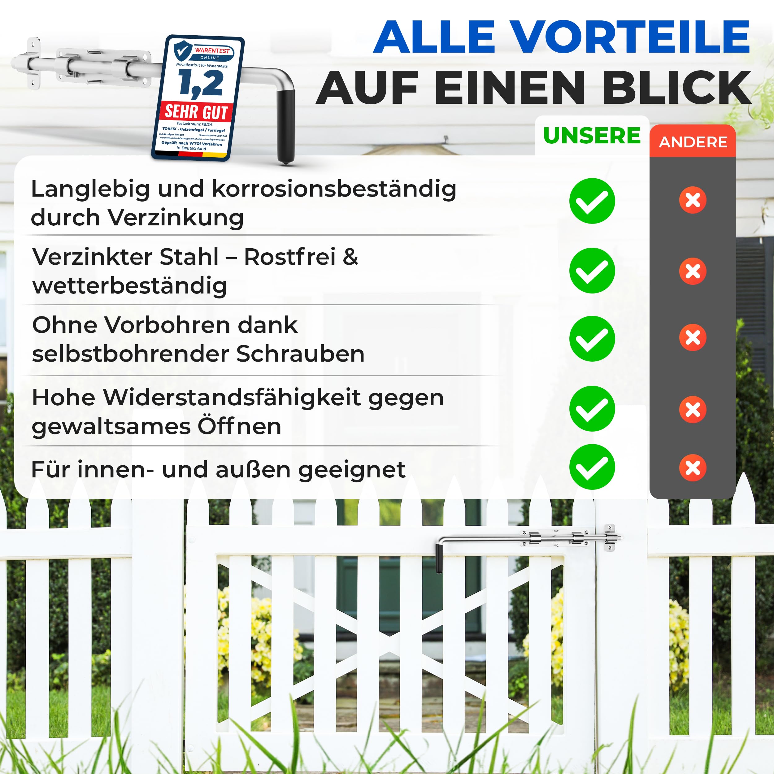 Bolzenriegel 420 mm, verzinkter Stahl – robuster Torriegel für Garten‑ & Hoftore, links - rechts montierbar, inkl. 6 × selbstbohrende Torx‑Schrauben