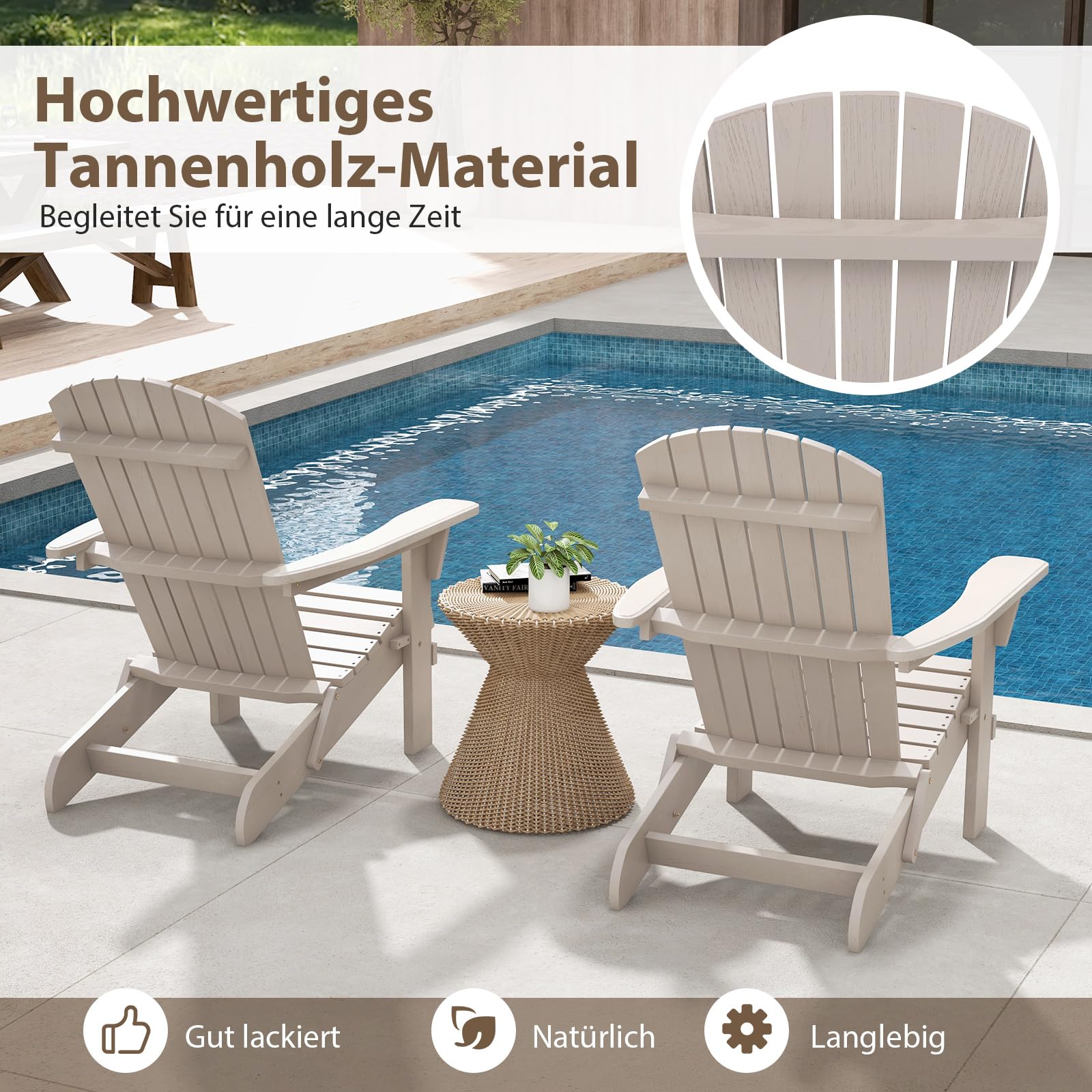 COSTWAY Adirondack Stuhl klappbar, 2er Set, Adirondack Chair aus Holz, Gartensessel mit hoher Rückenlehne & Breiten Armlehnen für Garten, Terrasse, 180 kg Tragfähigkeit, Grau