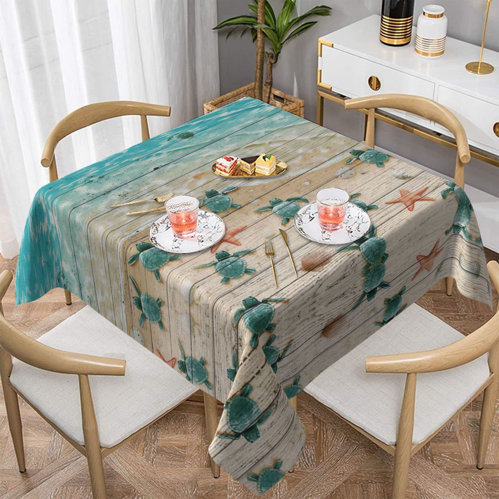 Lawenp Sea Turtle Starfish Square Wrinkle-Free Table Cloth Cover Table Decorative for Wedding Dinning Party Banquet Tabletop
