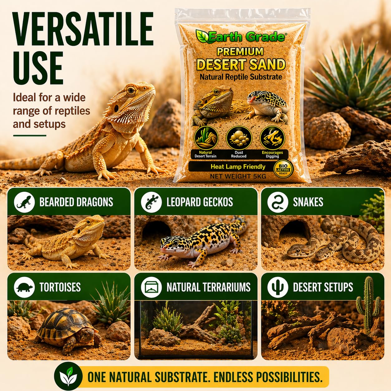 Sable du désert – Substrat naturel pour reptiles pour dragons barbu, geckos et lézards – Réduction de la poussière, sans danger pour la lampe – Encourage le creusement naturel et le