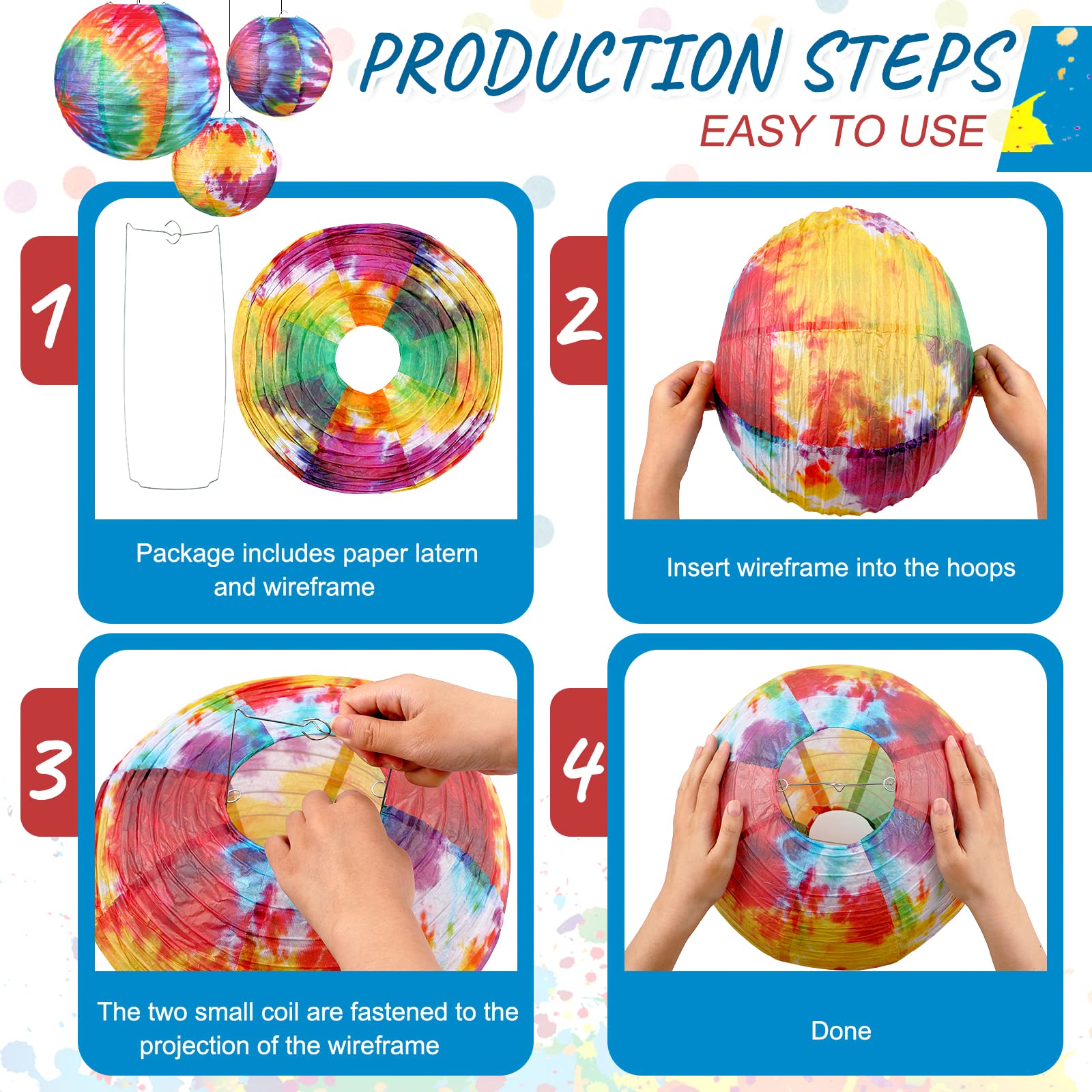 10 Pcs Tie Dyed Groovy Paper Lanterns Chinese/Japanese Lanterns Groovy Party Decorations Tie Dye Party Supplies Classroom Hanging Ceiling Decorations For Home Decor Parties Weddings (8 Inch/ 6 Inch