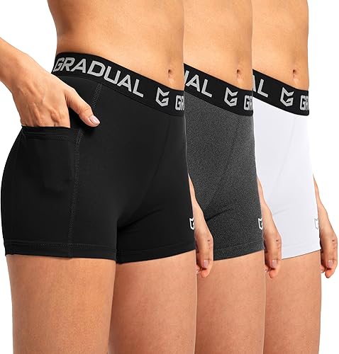 G Gradual Women's Spandex Compression Volleyball Shorts 3" /7" Workout Pro Shorts for Women - X-Large - 3 Pack:black/White/Charcoal Pockets
