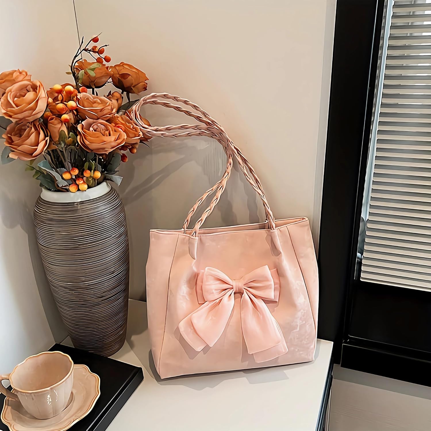 Women's Aesthetic Everyday Cute Kawaii Bow Detail, Tote Bag, Soft Pink, 11.0 x 10.2 x 3.9 Inches,Braided Handle, Patent Leather, 2.5L Capacity - Image 5