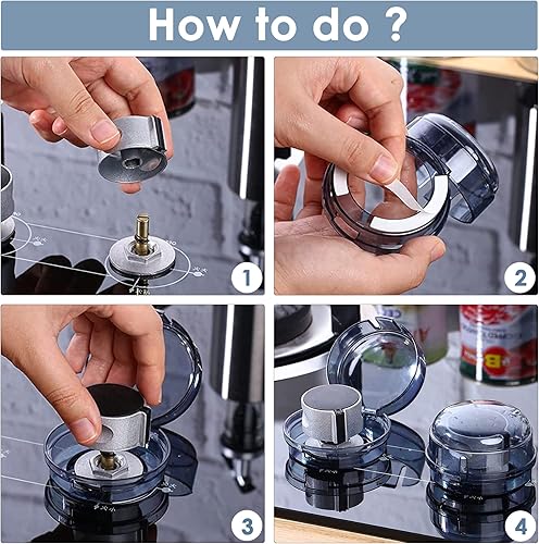 Vista 4 de 5 Pack Safety Stove Knob Covers, Black Clear Upgraded Unlock Safety Guards for Kitchen Gas and Oven, Stove Guard with Extra Adhesives, Large