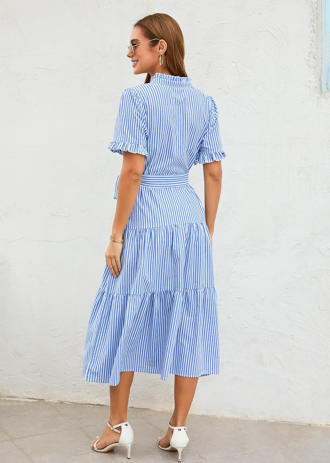 Womens Striped Summer Dress Elegant Ruffled Sleeve Button Down Tie Waist Maxi Shirt Dresses - Image 4