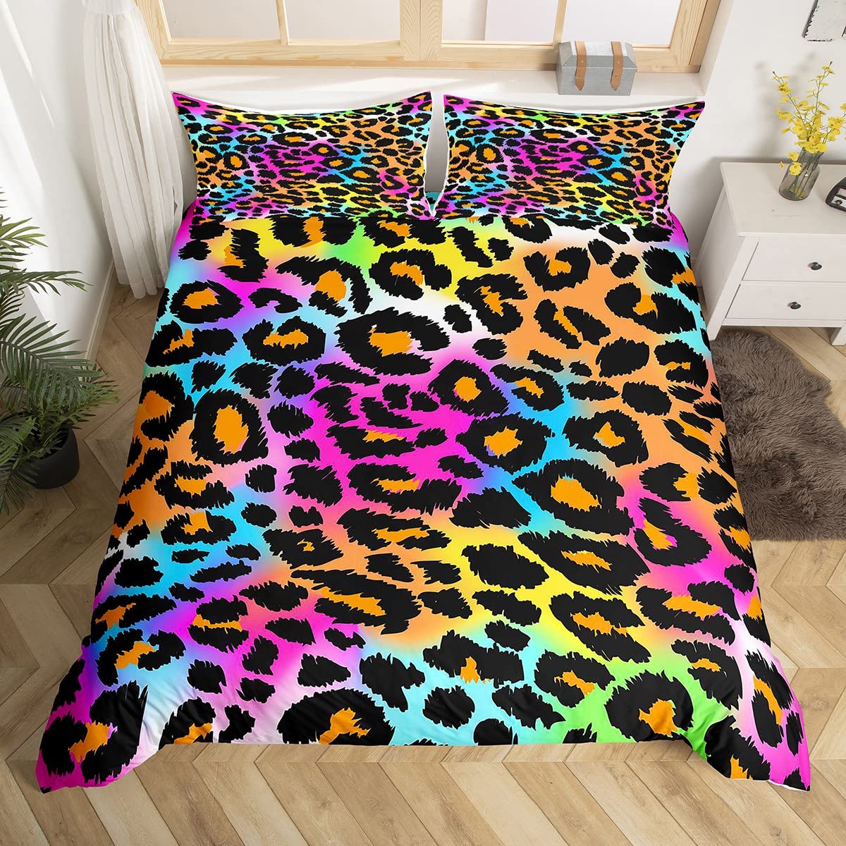 Housse de couette en peau de panthera colorée et parure de lit léopard pour fille