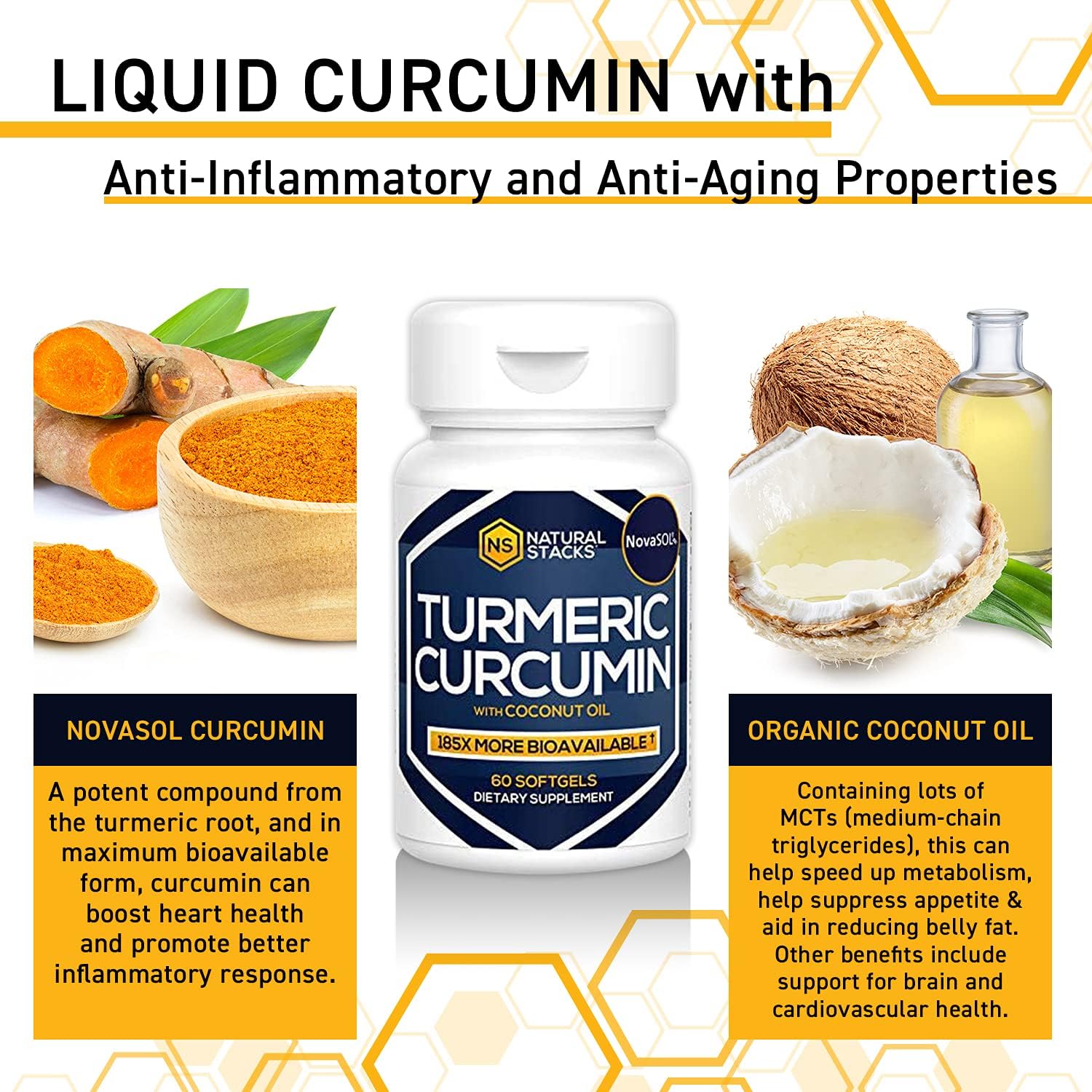 Natural Stacks Turmeric Curcumin 60 ct. - 185x More Bioavailable Liquid Soft Gel - Supports Healthy Joints, Brain Function and Inflammation Response - 100mg Organic Coconut Oil for Rapid Absorption : Health & Household