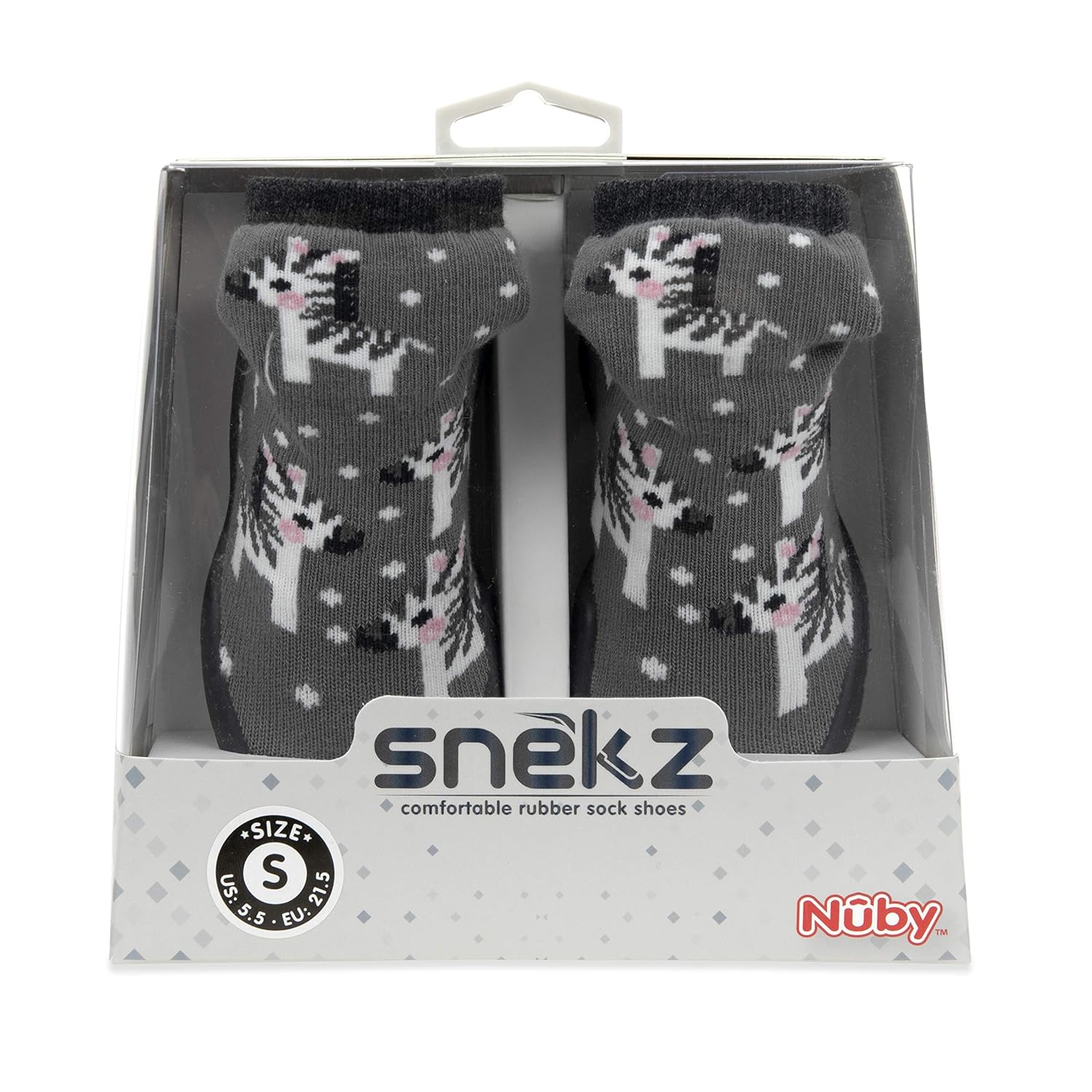 Nuby Snekz Comfortable Rubber Sole Sock Shoes for First Steps- Grey Zebras/Large 22-30 Months