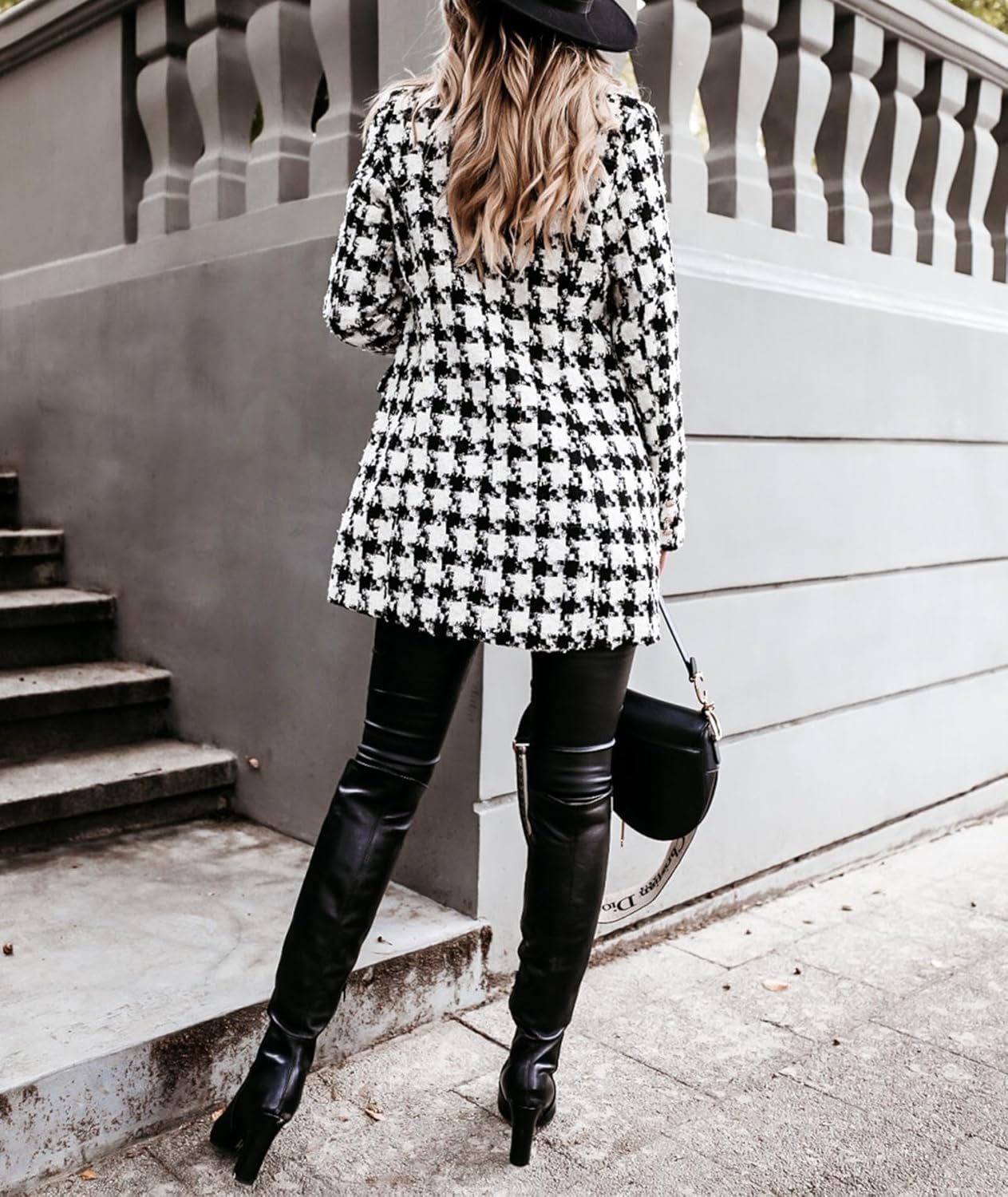 Sexyshine Women's Houndstooth Double Breasted Coat Notch Lapel Wool Blend Pea Coat Mid Long Plaid Blazer Jacket