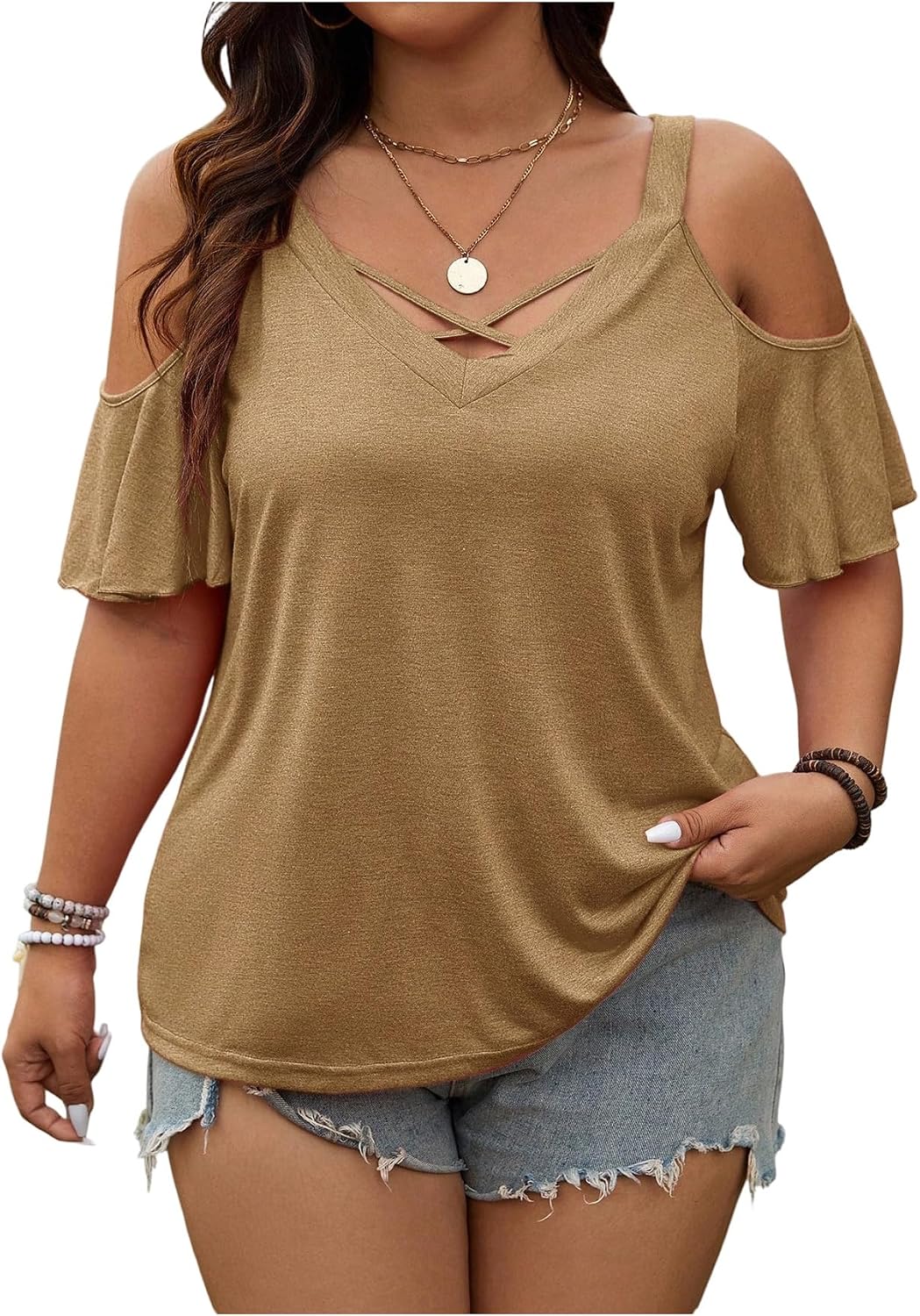Women's Plus Size Cold Shoulder Deep V Neck T Shirts Criss Cross Short Sleeve Going Out Tops