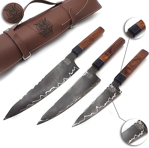 SHINY CRAFTS Juego de cuchillos de cocina hechos a mano de Damasco con mango de madera y hoja de acero de Damasco, cuchillos de chef con rollo de