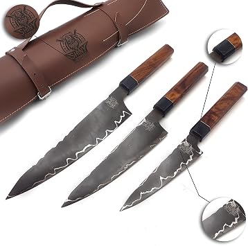| Custom Handmade Rare San Mai Steel Kitchen Knife Set with wood handle and Mix Steel Blade, Chefs Knives set with Leather Pouch Roll and High Tempered Razor-Sharp Blade CS-08