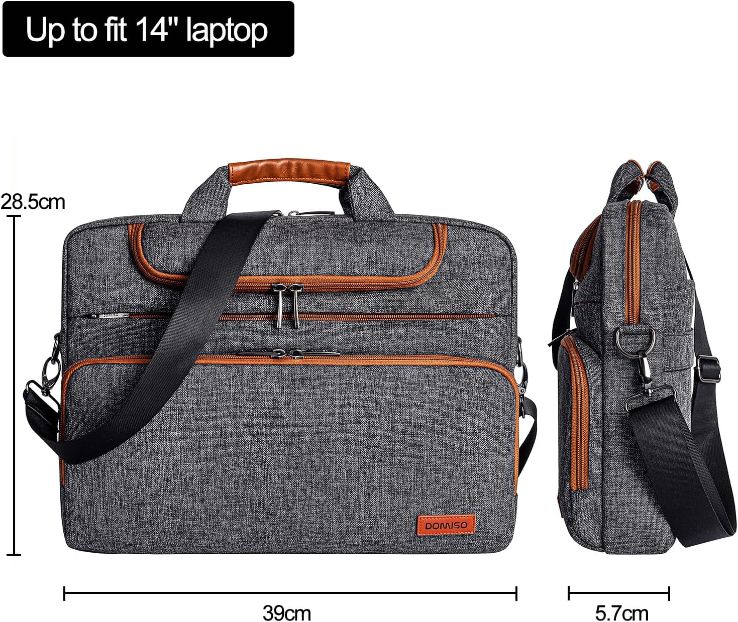 DOMISO 14 Inch Laptop Bag, Waterproof Business Briefcase Computer Messenger Shoulder Bag with Strap for Macbook Pro Air/Lenovo IdeaPad/Acer Aspire/HP/Dell XPS 15/ASUS/MSI, Dark Grey