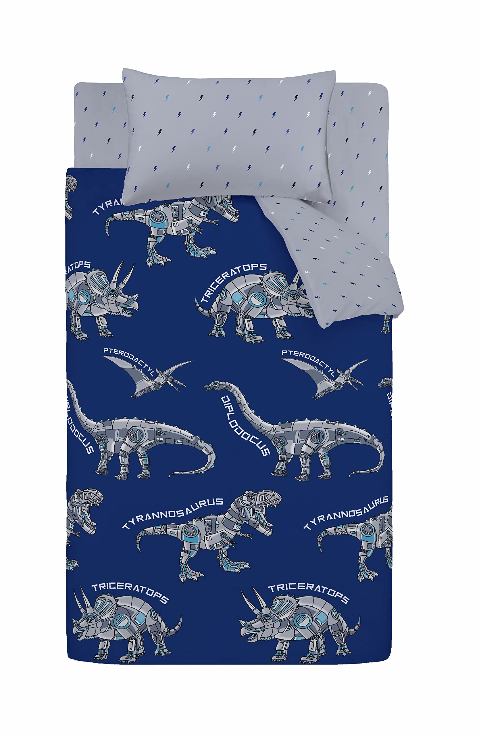 Catherine Lansfield Dinobot Duvet Cover Set 160 x 220 + 50 x 110 cm + Fitted Sheet White 90 x 200 cm, Blue, 160x220+50x110+90x200 - Image 2