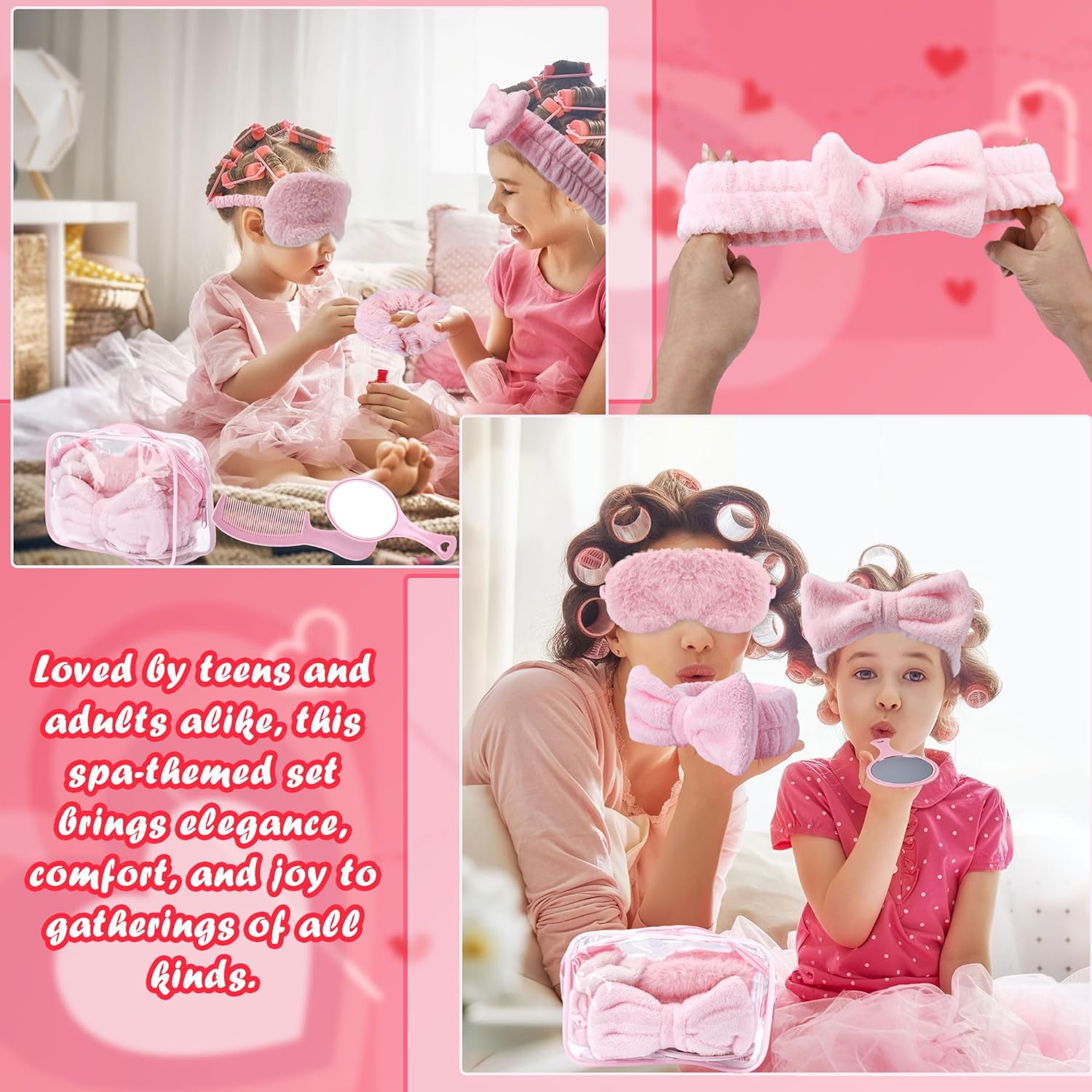 8 Set 48 Pcs Pink Spa Sleepover Party Favors Including Pink Headbands Sleep Eye Masks Scrunchies Mirrors Combs and Clear Cosmetic Bags for Girls Wedding Slumber Birthday Party Favors