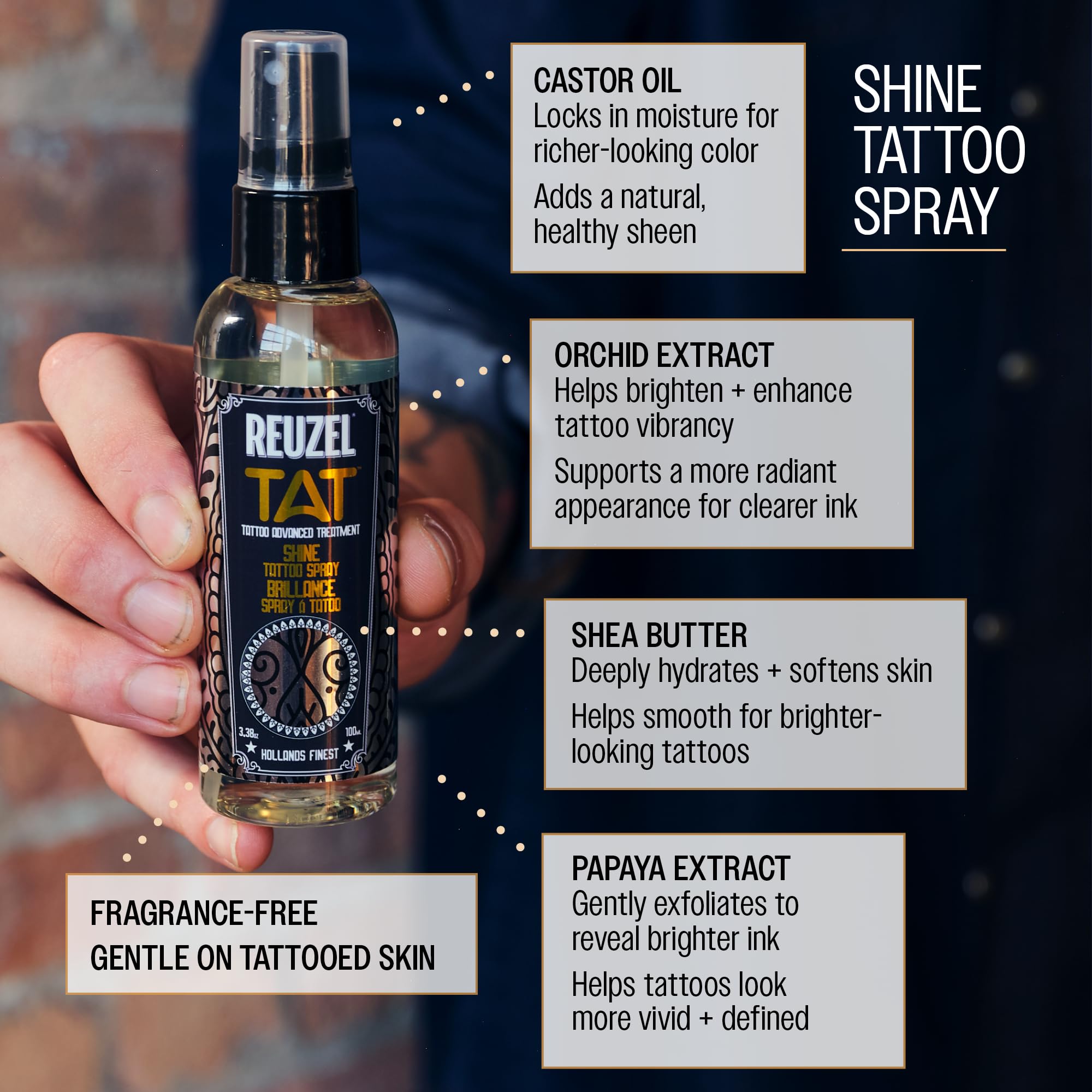 Reuzel Shine Tatto Spray - Premium Tattoo Care Shine Protection for Unisex - 3.38 oz