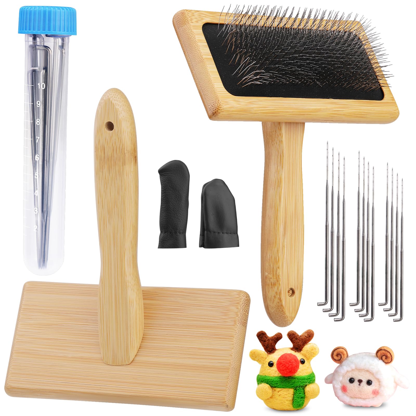 kdafio 2 Pcs Wool Carders, Hand Carders for Wool Needle Felting Brush Wooden Wool Carders Needle Felting with Wool Needle Leather Finger Protector for DIY Felting Wool Projects