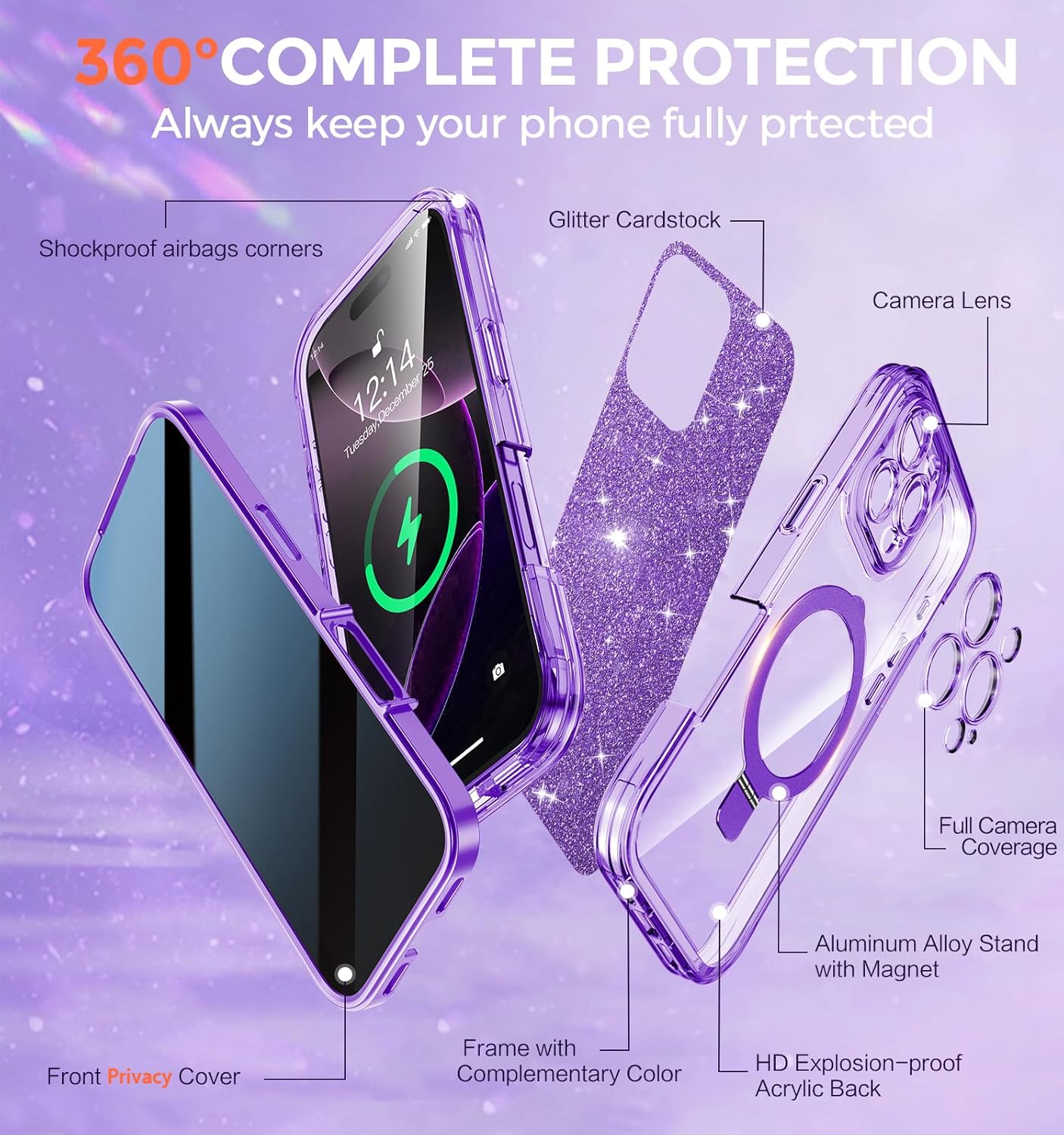 Magnetic Privacy Case for iPhone 16 Pro Max [DIY Glitter Cardstock] [Invisible Magnetic Kickstand] Built-in Anti Peep Screen Protector, Camera Protection Full Body Glitter Case for Women - Purple