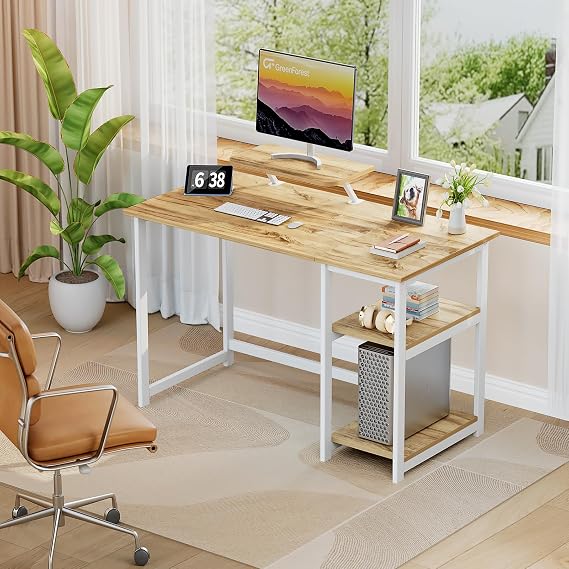 GreenForest Office Desk with Monitor Stand,100cm Computer Desk with Reversible Storage Shelves,Study Desk for Home and Small Spaces,Oak