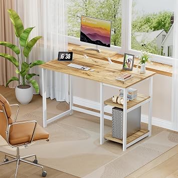 GreenForest Office Desk with Monitor Stand,100cm Computer Desk with Reversible Storage Shelves,Study Desk for Home and Small Spaces,Oak