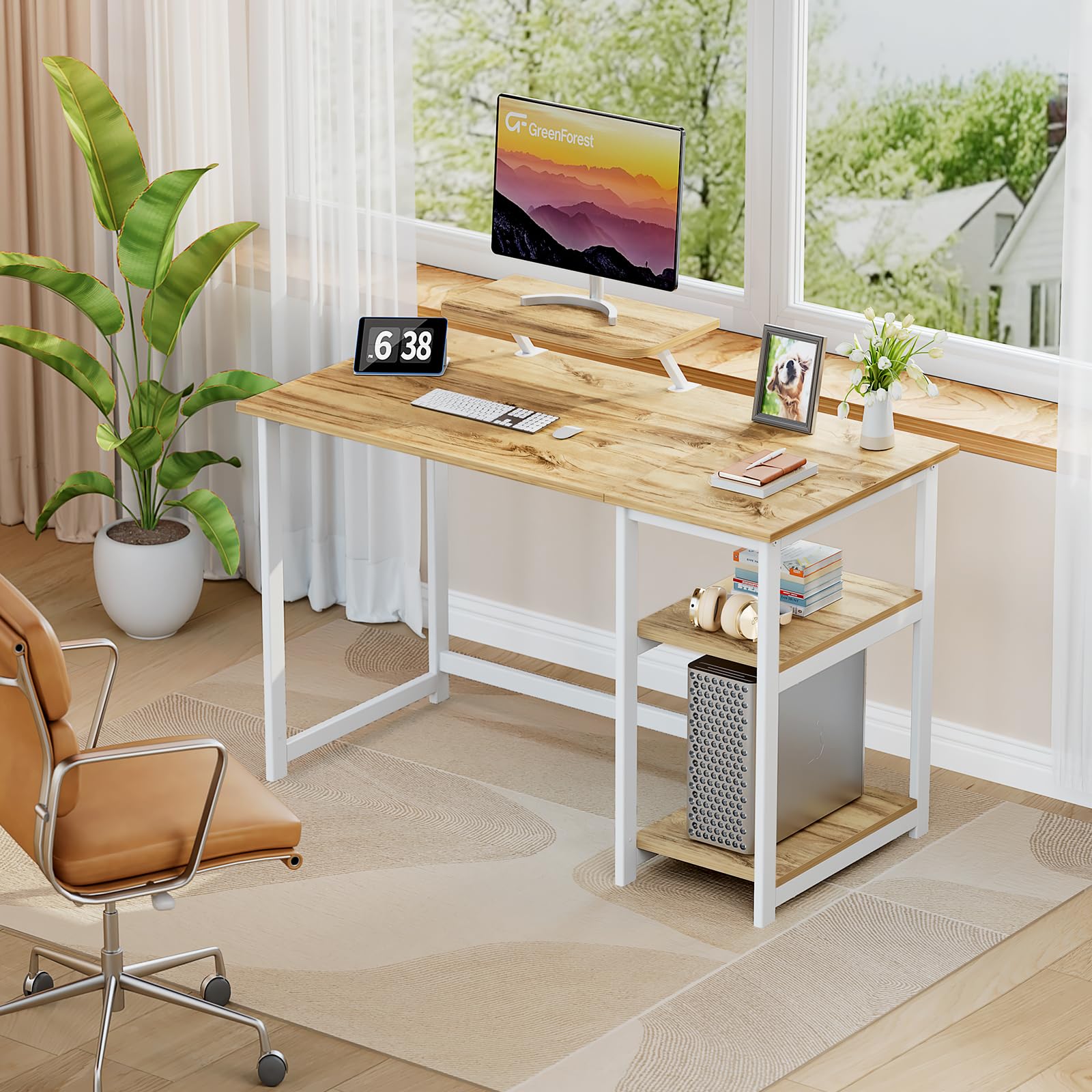 GreenForest Escritorio Ahorrar Espacio y Estantes Reversibles,100 cm Mesa de Estudio Compacta con Estante Monitor, para Oficina en Casa o Dormitorio Estudiante, Beige
