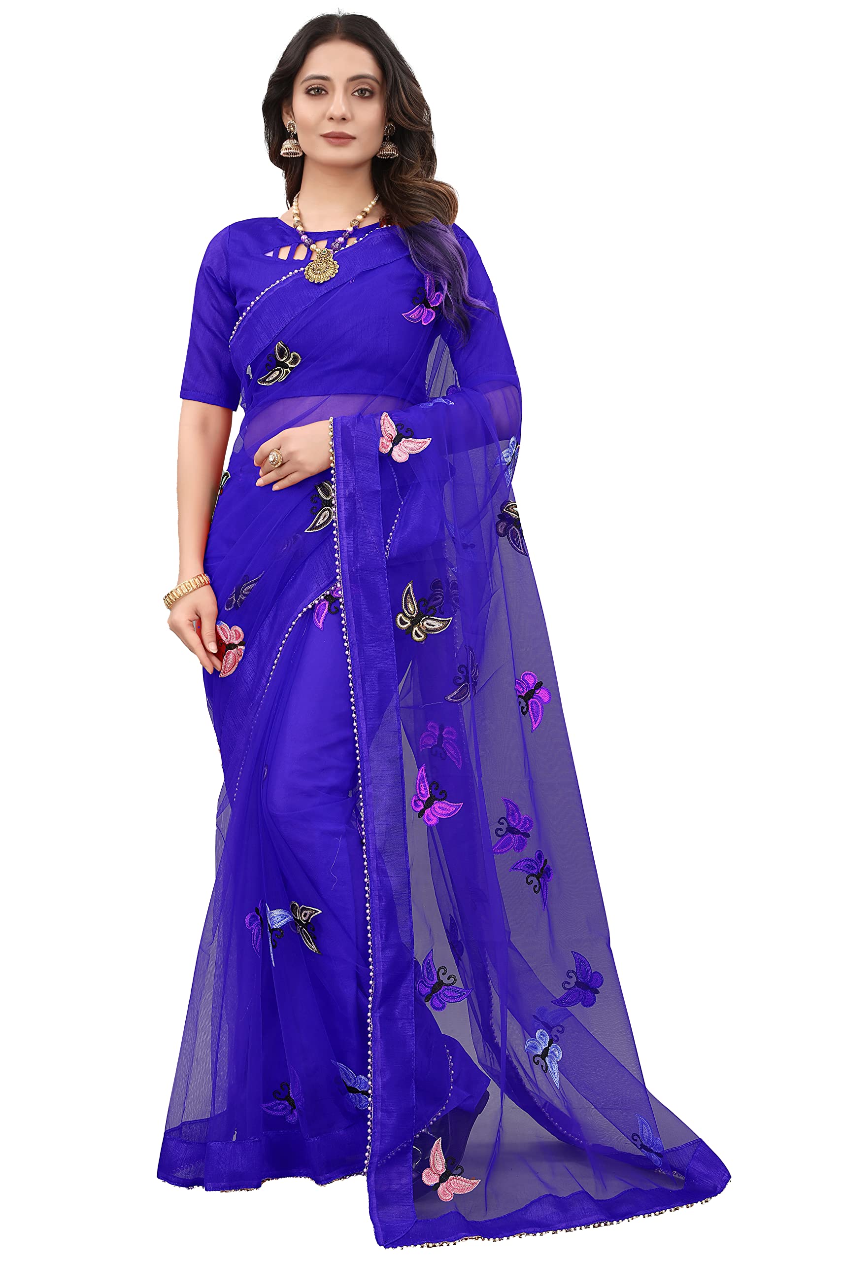 BIGJANE Women's Butterfly Net Saree With Lace Boarder