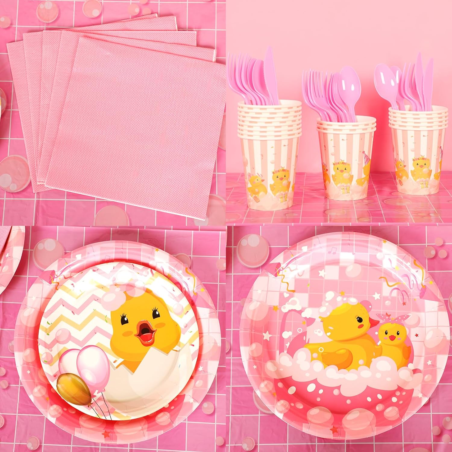 194 Pcs Duck Birthday Party Supplies Pink Rubber Duck Tableware Party Decorations Include Plates Napkins Cups Knives Forks Spoons for Kids Girl Boy Gender Reveal Baby Shower for 24 Guests - Image 3