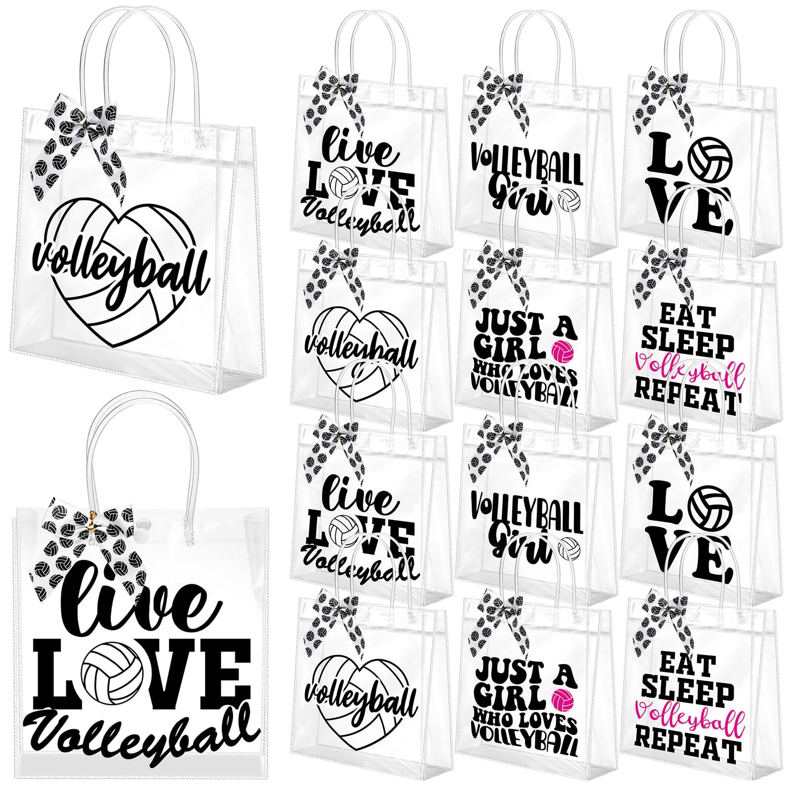 Vicenpal 12 Sets Clear Volleyball Gift Bag with Handles 12 Pcs Bows PVC Plastic Volleyball Treat Goodie Snack Bags 7.9 x 7.9 x 3.1'' Sport Theme Party Favors for Birthday Holiday Sports Team Gifts