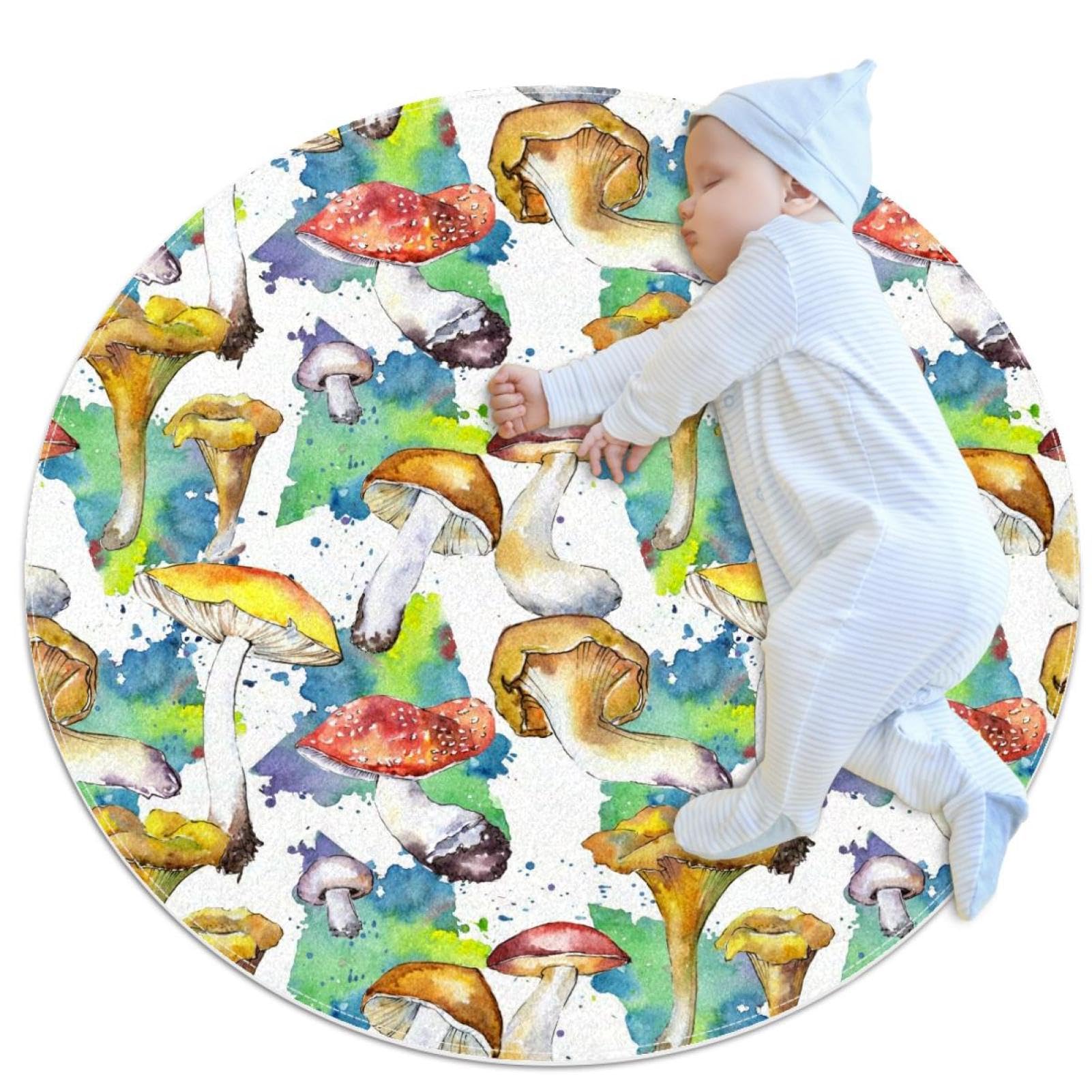 Tapis de salle de bain aquarelle champignon camomille rond 1m doux