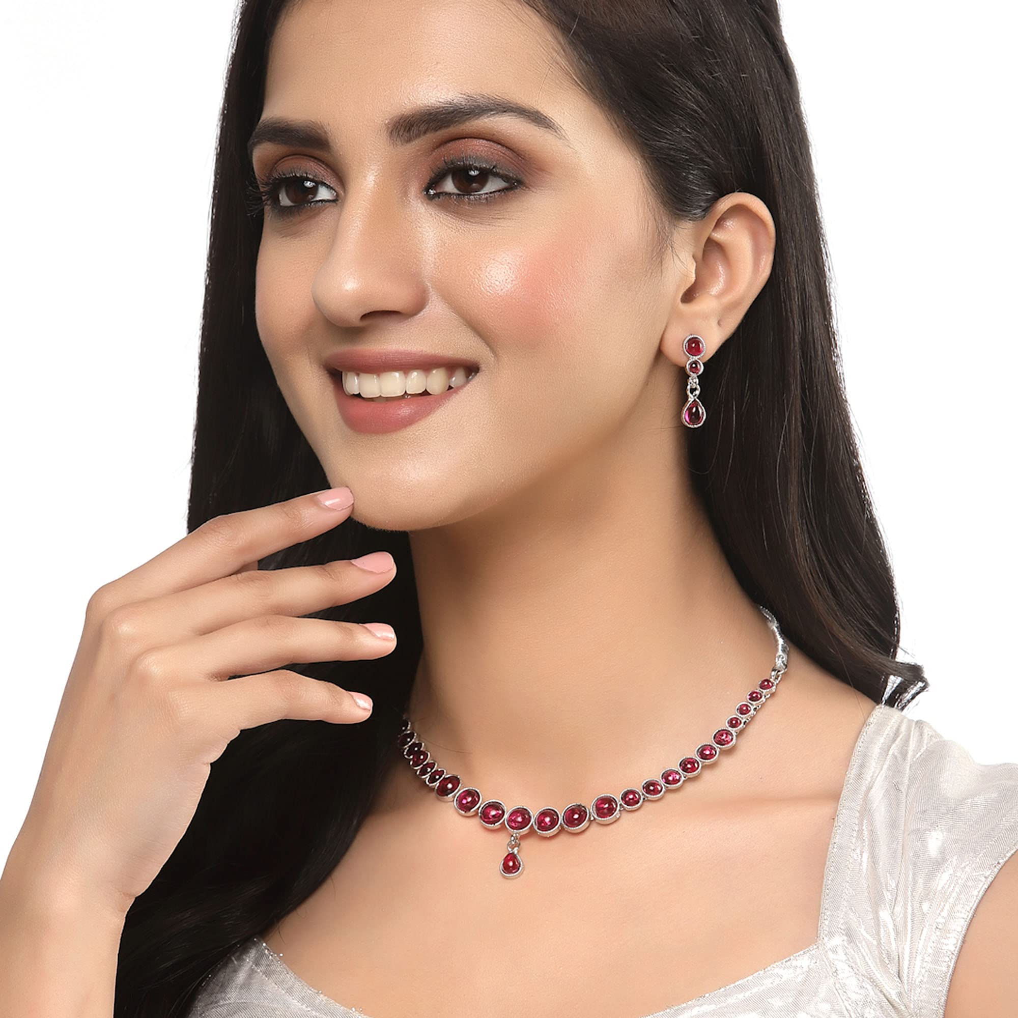 Oxidised Silver-Plated Round Diamond Necklace Set