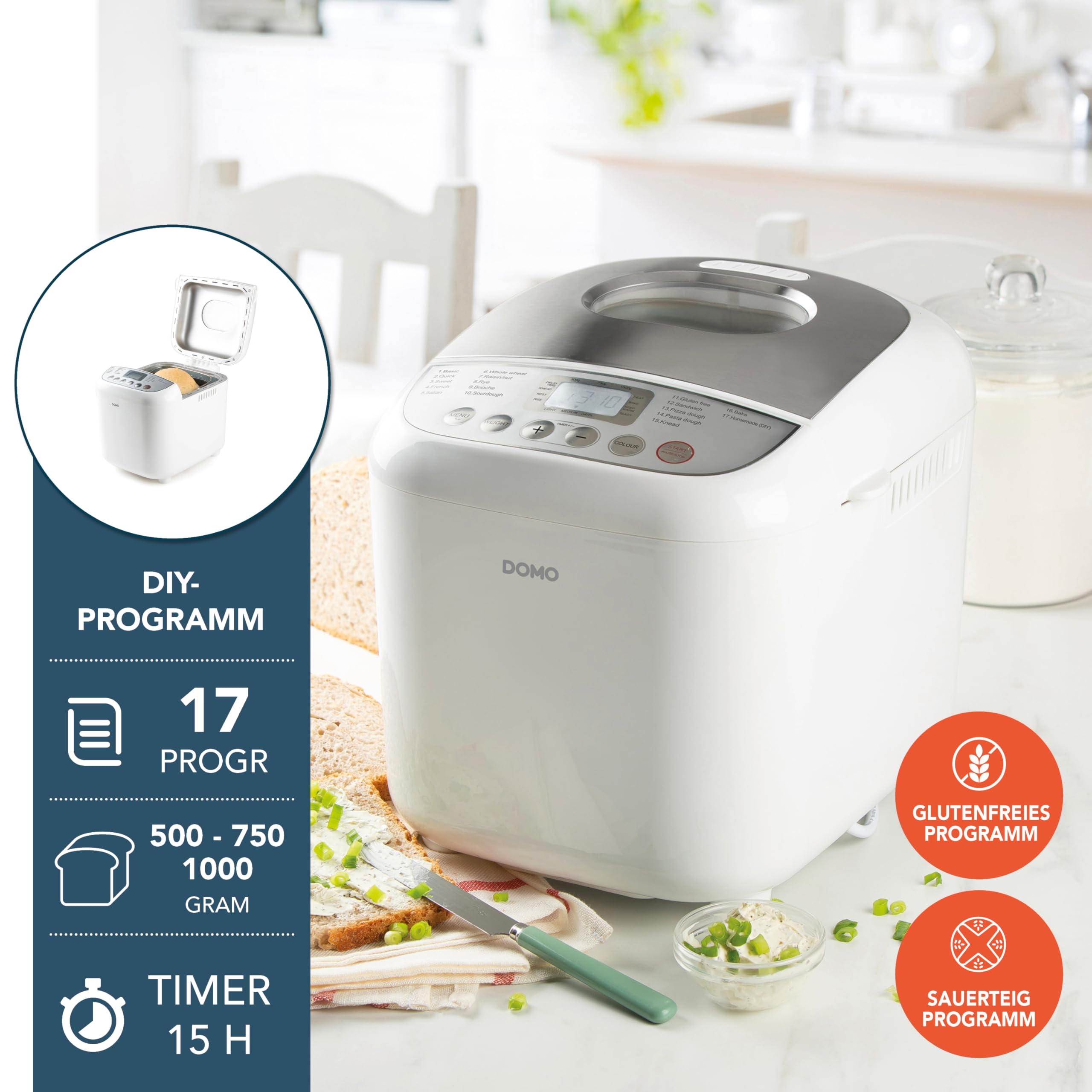 DOMO B3976 Brotbackautomat - 17 Backprogramme inkl. Pizza und Glutenfrei-Programm - 3 Brotgrößen (500g - 750g - 1000g) - PFAS frei - mit Timer, LCD Display und Warmhaltefunktion