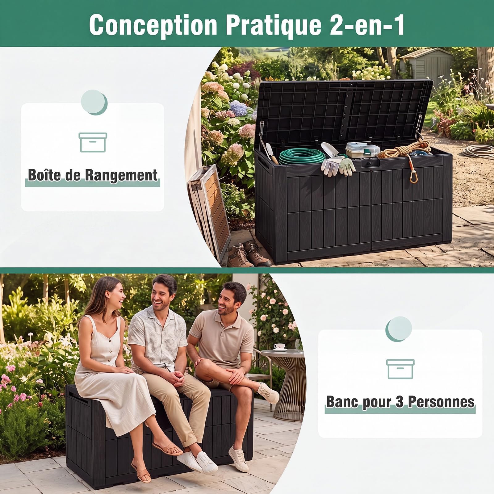 GYMAX Coffre de Rangement Exterieur Imperméable, Coffre de Jardin avce Couvercle Verrouillable, Poignée, pour Terrasse, Balcon (545L,Noir)