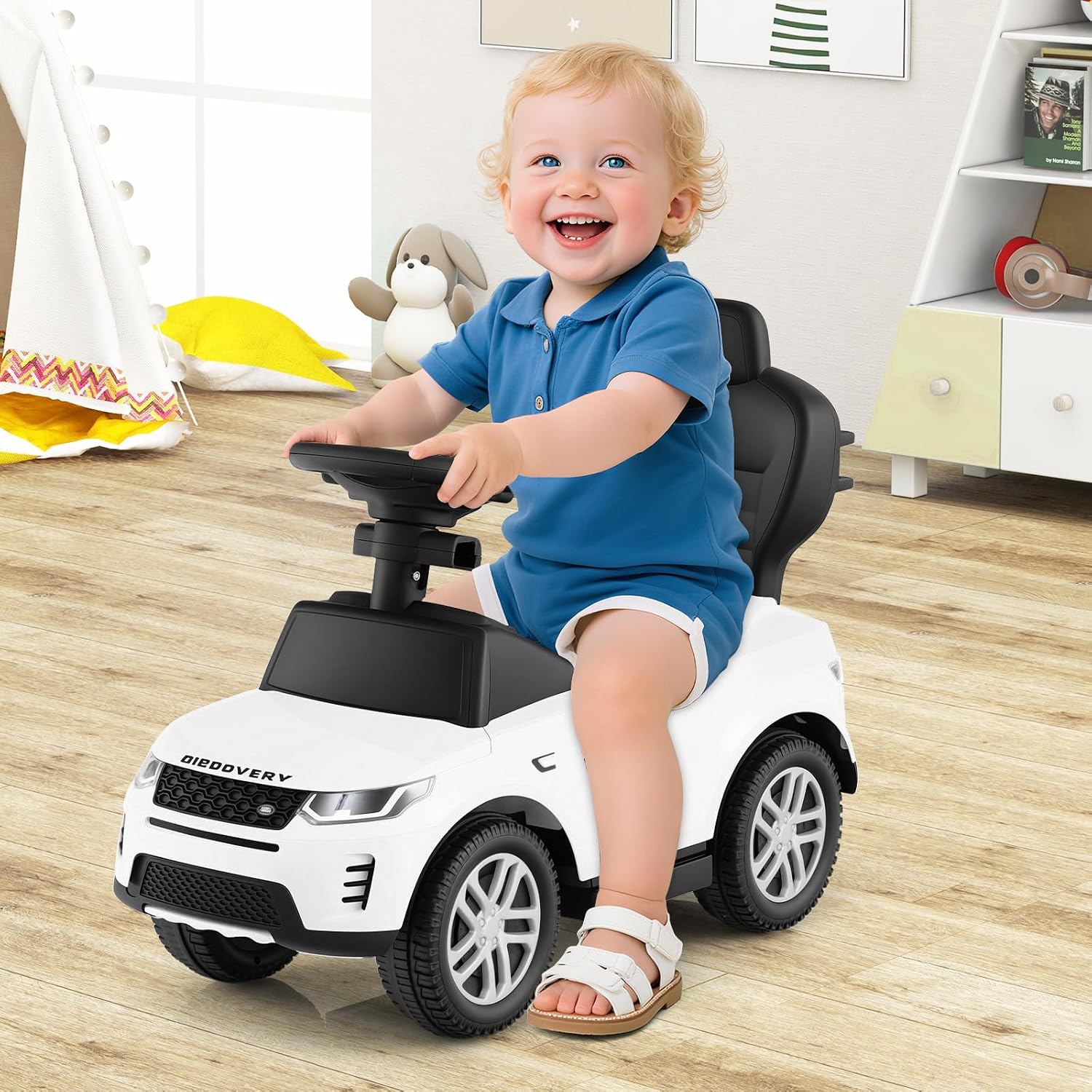 Licensed Push Car for Toddlers by INFANS, 3 in 1 Sliding Walking Car with Push Handle, Horn, Music, Underneath Storage, Foot-to-Floor Ride on Toys for Boys Girls (White)
