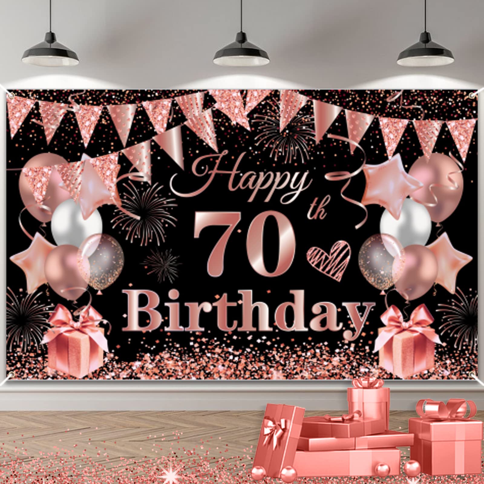 TUTUXMA 70th Birthday Decoration Banner, 70th Black Rosegold Birthday Backdrop Banner Photo Booth Sign Decoration, Large Seventy Birthday Banner Background for Women 70th Birthday Party Supplie