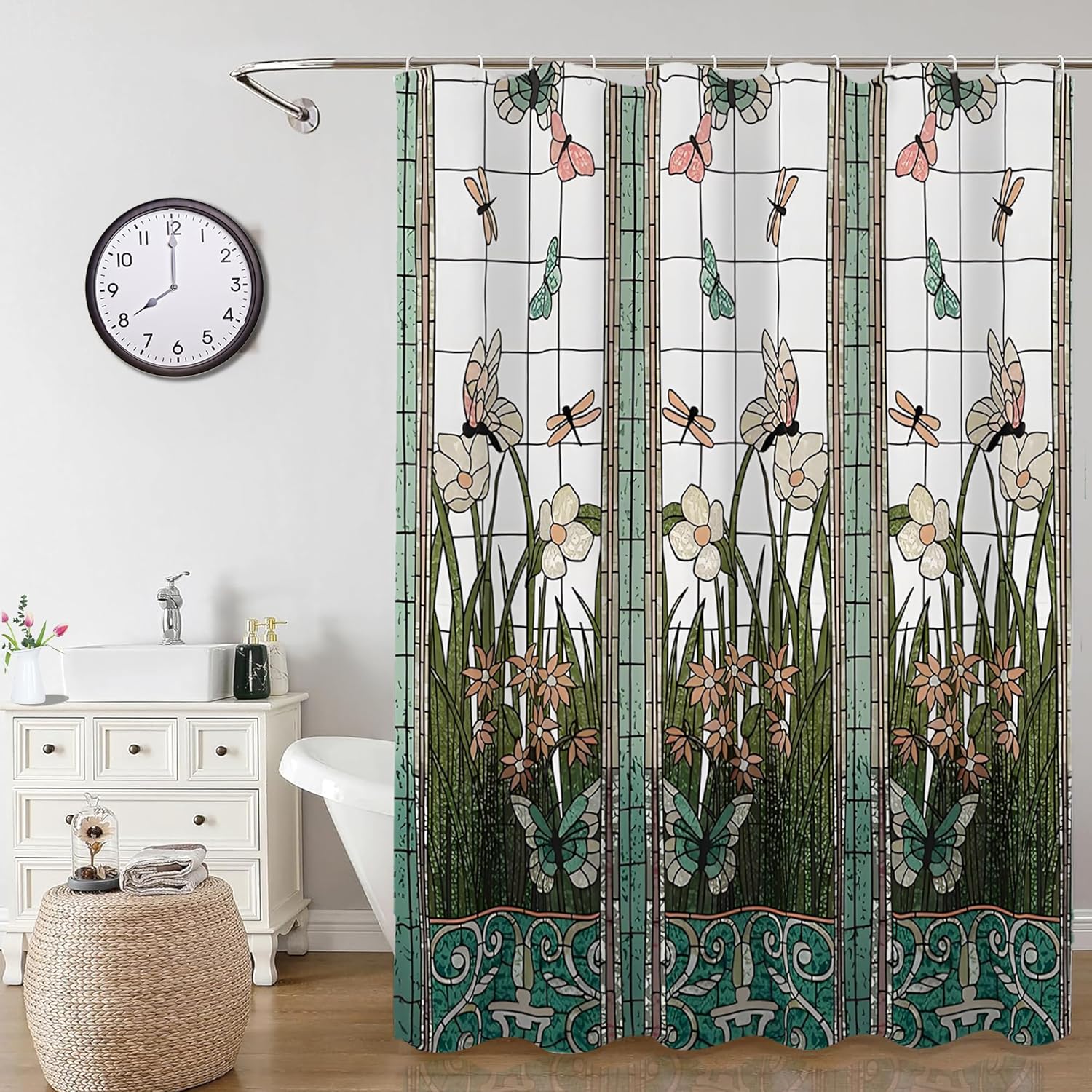 Stained Glass Dragonfly Flower Shower Curtain with 12 Hooks - 84"x72", Garden Meadow Print Art Waterproof Soft Polyester Washable Green Shower Set for Bathroom Hotel Home Farmhouse Bathtub Decor