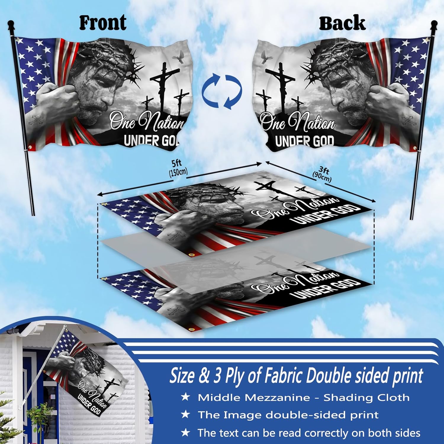 One Nation Under God Flag 3x5 Ft Double Sided American Flag With Jesus Christ On It Heavy Duty 3 Ply Polyester with 2 Brass Grommets for Outside House Yard Outdoor Faith Patriotic Flags Banner Decor