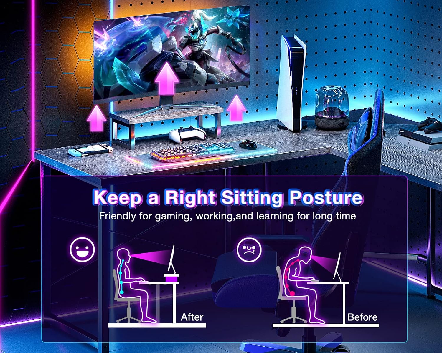 Diagram illustrating correct sitting posture with monitor stand