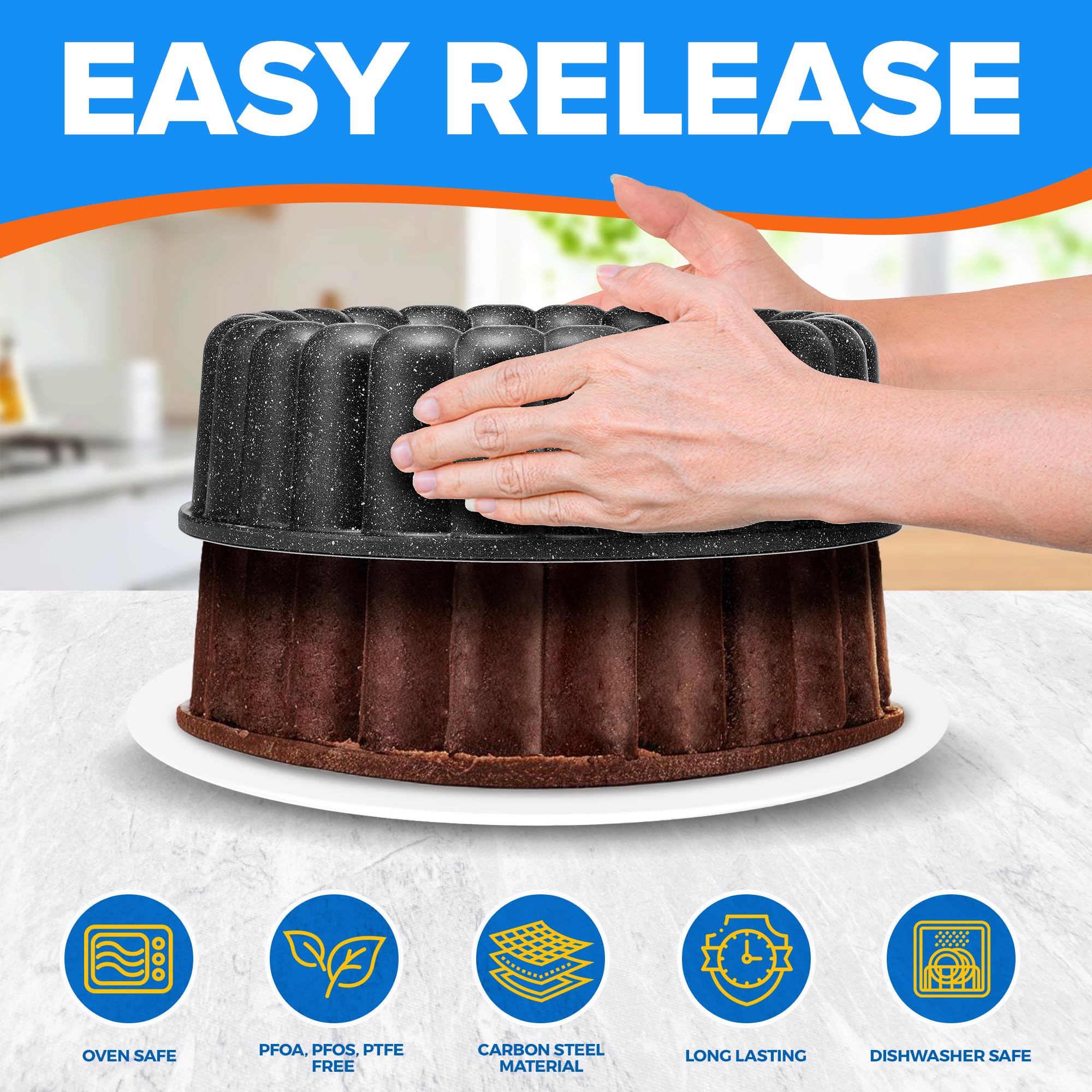 Emporio Kitchen Moule à gâteau – Revêtement anti-adhésif en marbre gris à deux couches, moule à gâteau cannelé en aluminium moulé sous pression, passe au four (jusqu'à 232,2 °C), sans PFOA, PFOS et