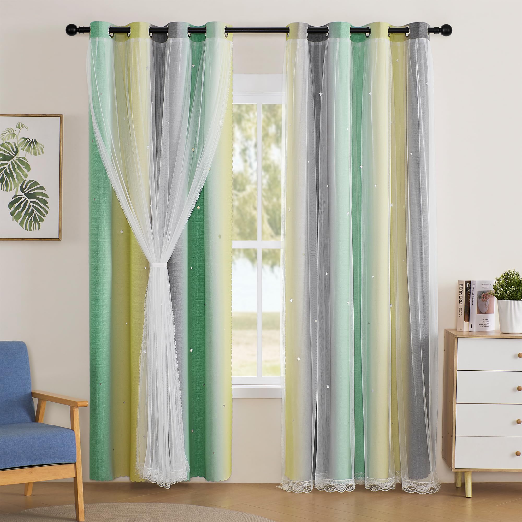 XiDi Curtains for Bedroom Decor, Rainbow GreenYellowGrey34/90/1