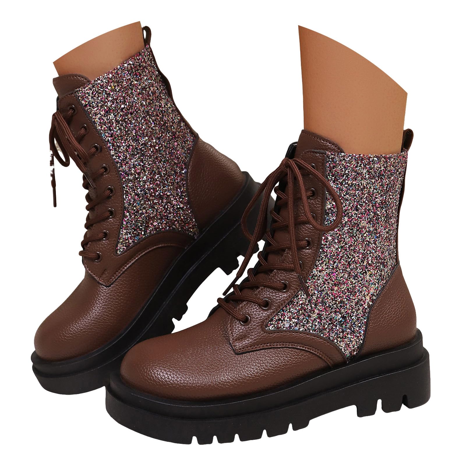 Sparkly Ankle Boots for Women 2025 Lace up Travel Mid Calf Booties Lug Sole Non Slip Low Block