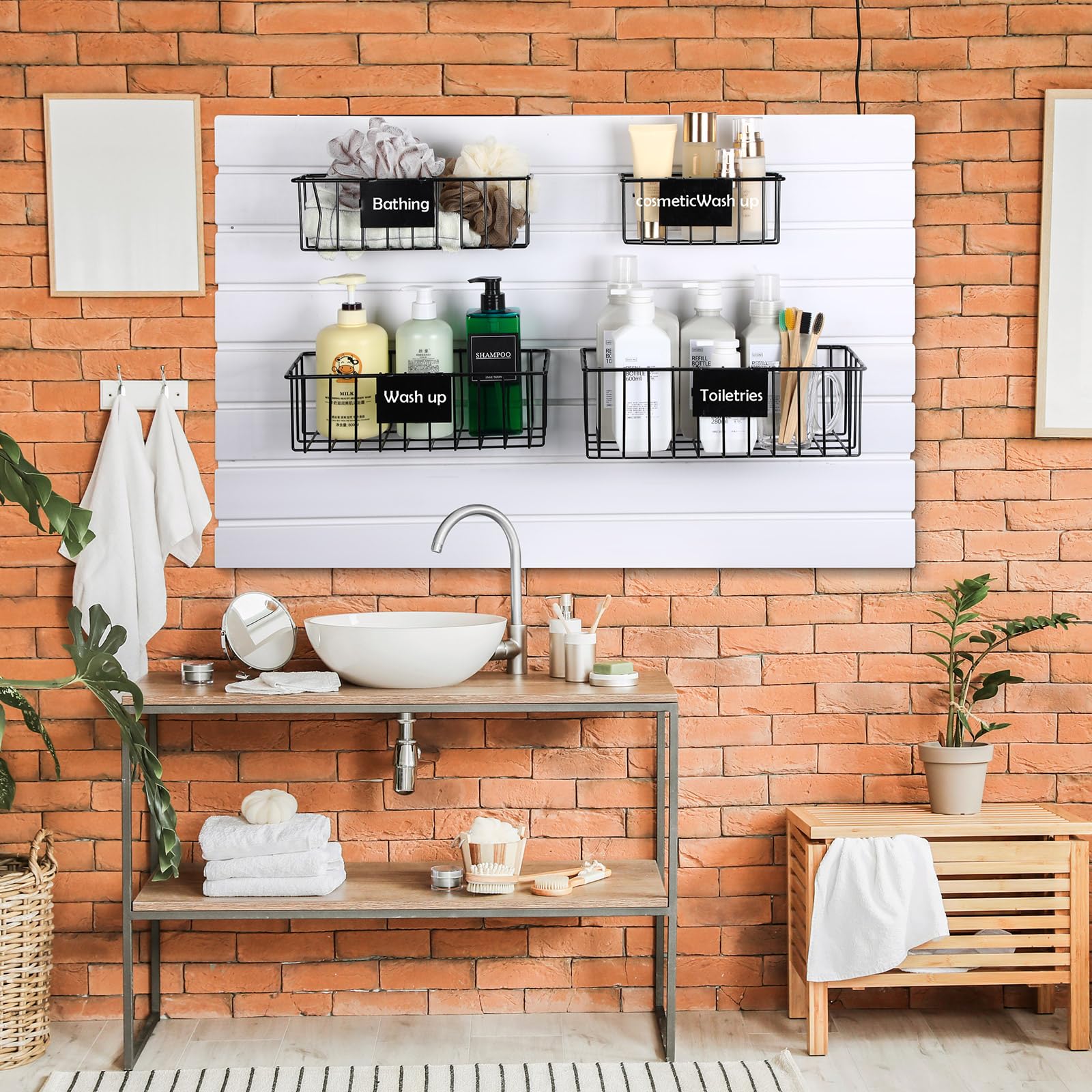 Maxcheck 4 Pcs Slatwall Basket for Slatwall with Removable Tags Black Metal Slatwall Baskets Wall Mounted Organizer Slatwall Baskets Slatwall Accessories for Shops, Rooms Storage Display Organizing