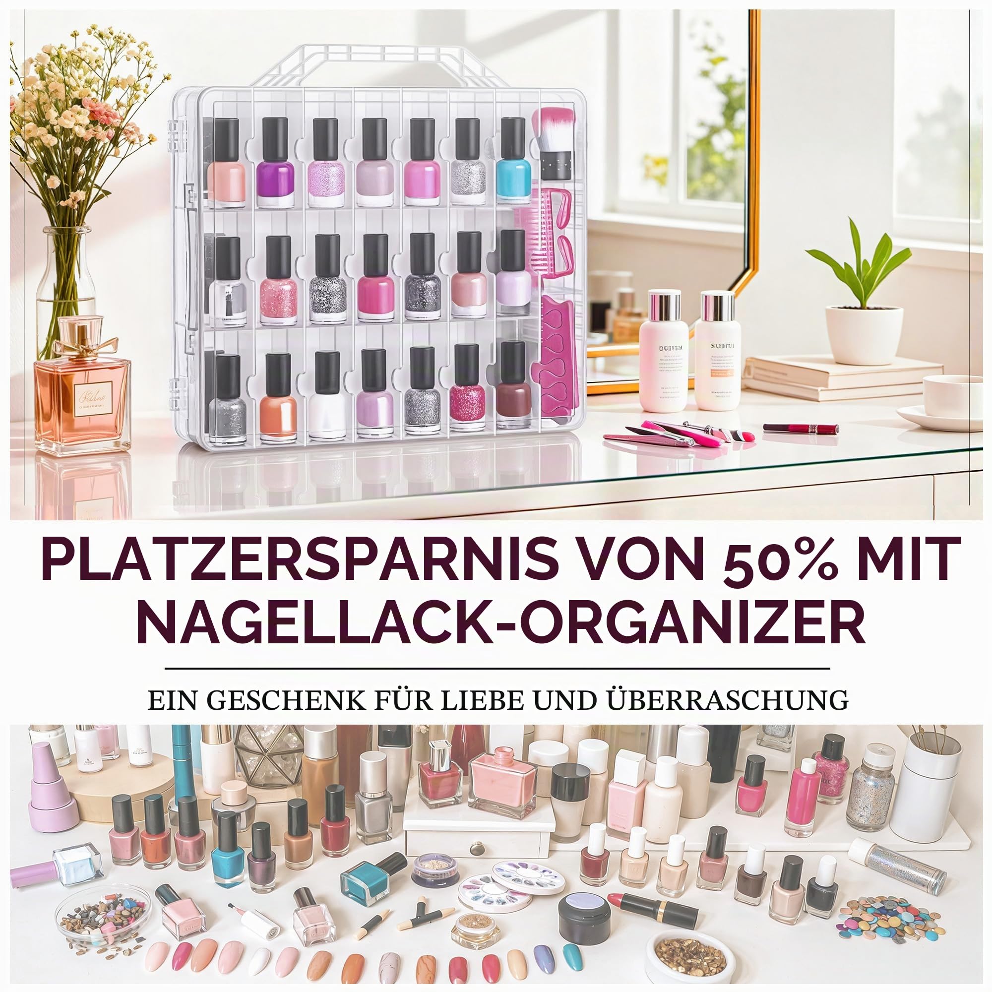 DreamGenius Tragbarer Nagellack-Organizer für 48 Flaschen, doppelseitig und verschließbar, Gel-Nagellack-Halter, platzsparend, mit 8 verstellbaren 